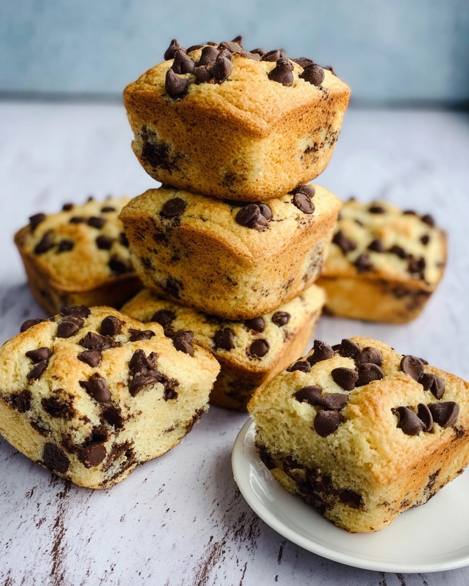 A stack of five square-shaped chocolate chip muffins with a light golden brown top and edges full of dark brown chocolate chips sits on a white marbled surface. The muffins have a soft, slightly creased texture on top, showing an inviting homemade feel. Beside the stack, a white plate holds two more muffins with a similar golden and chocolate chip-speckled look. The background is softly blurred, putting focus on the muffins. Photo taken with an iphone --ar 4:5 --v 7