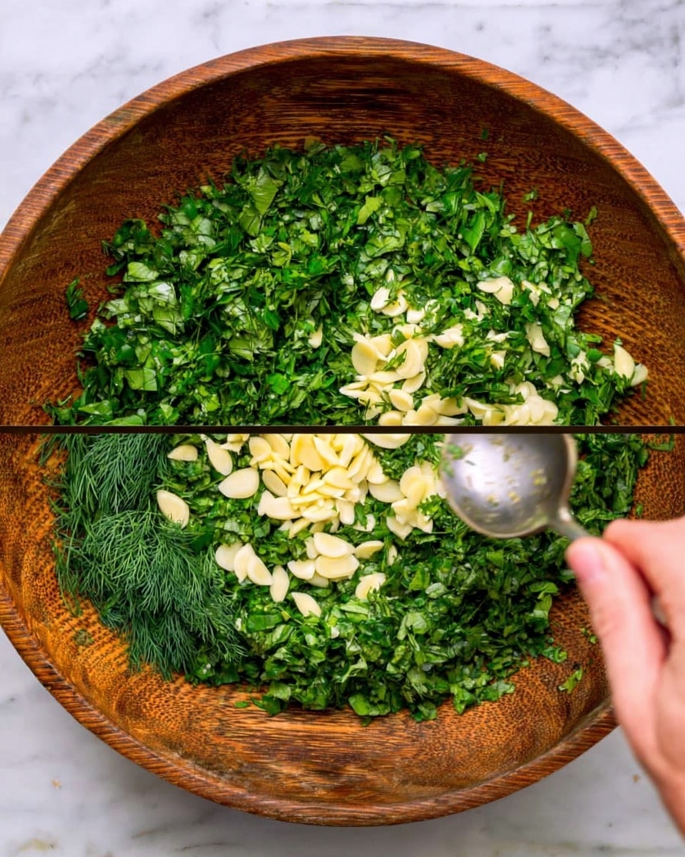 The image shows a wooden bowl filled with chopped green herbs, mostly flat-leaf parsley with some dill scattered around. On top of the herbs, there are sliced pale yellow garlic pieces spread in the center layer. On the right side of the image, a woman's hand is holding a silver spoon above the garlic, lightly stirring or adding the pieces to the herbs. The background surface is a white marbled texture. photo taken with an iphone --ar 4:5 --v 7