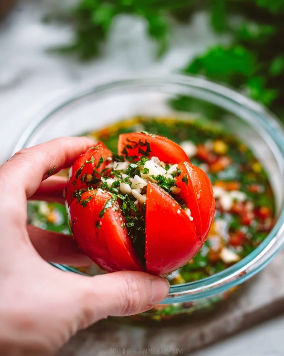 A woman's hand holding a red tomato that is sliced into four parts but still joined at the bottom, filled with small white pieces and green herbs inside each cut. The tomato is above a clear round bowl filled with bright green chopped herbs mixed with small white bits and other small colorful ingredients. The background shows a white marbled texture with blurred green herbs. The whole scene looks fresh and vibrant with a close-up focus on the tomato and the woman's hand photo taken with an iphone --ar 4:5 --v 7