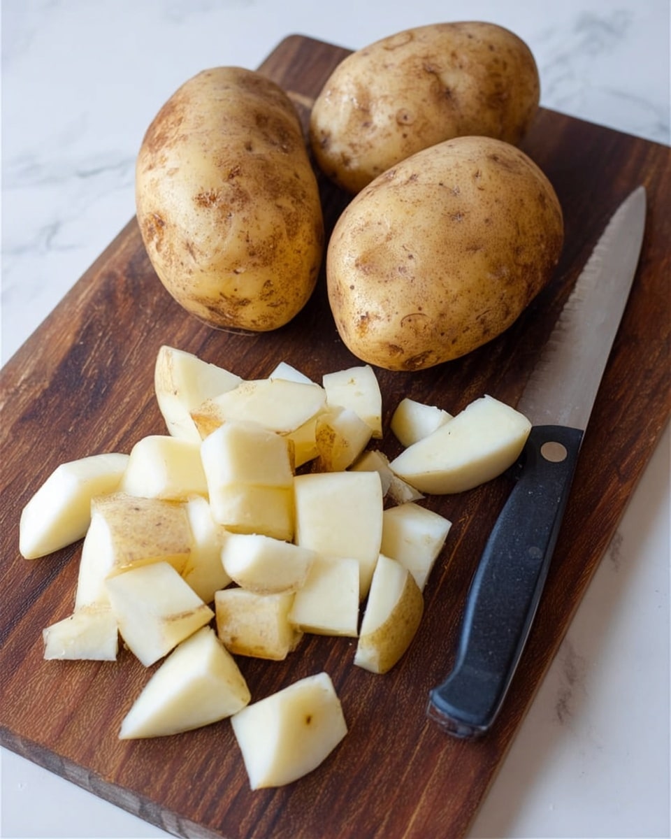 The image shows a wooden cutting board with three whole potatoes that have a rough, light brown skin with darker spots. In front of the whole potatoes, there are several pieces of potatoes cut into irregular small chunks, revealing a smooth, creamy white inside. To the right of the potatoes, a knife with a black handle lies flat on the cutting board. The background is a white marbled surface. photo taken with an iphone --ar 4:5 --v 7