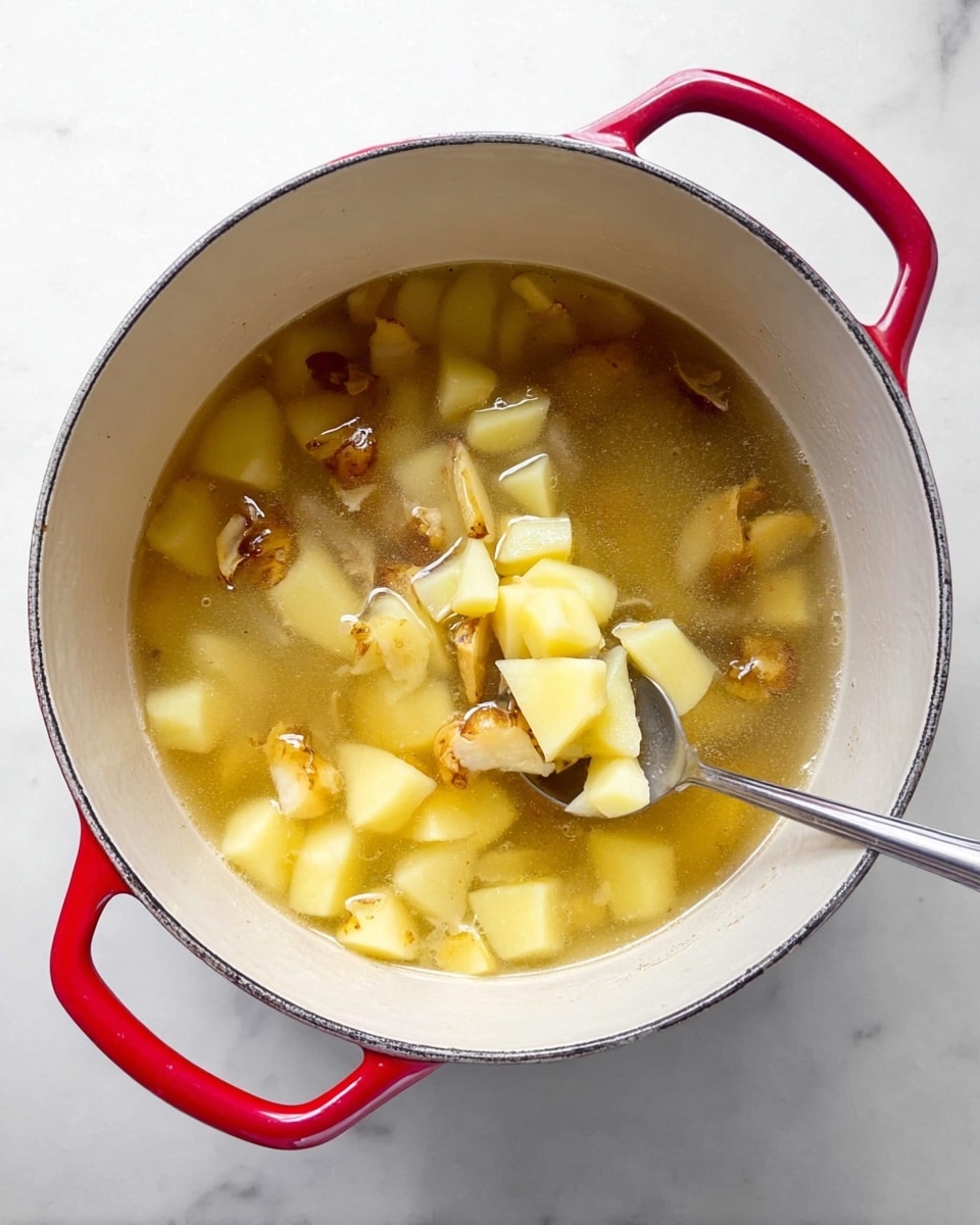 A large white pot with red handles is shown from above, filled with clear broth and small chunks of light yellow and brown potato pieces floating inside. Some potato skins remain attached, adding patches of brown color. A silver spoon is inside the pot, scooping some of the potato cubes, with the spoon's shine reflecting the broth. The pot sits on a white marbled surface. Photo taken with an iphone --ar 4:5 --v 7