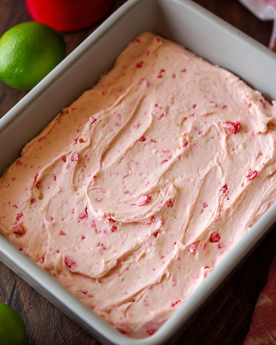 A close-up image shows a single thick layer of pale pink creamy spread with small red bits mixed throughout, evenly smoothed inside a white rectangular baking dish. The dish sits on a dark wooden surface with part of a green lime and a red bottle in the background. The creamy spread has a soft, slightly textured appearance with gentle swirls and peaks. The photo taken with an iphone --ar 4:5 --v 7