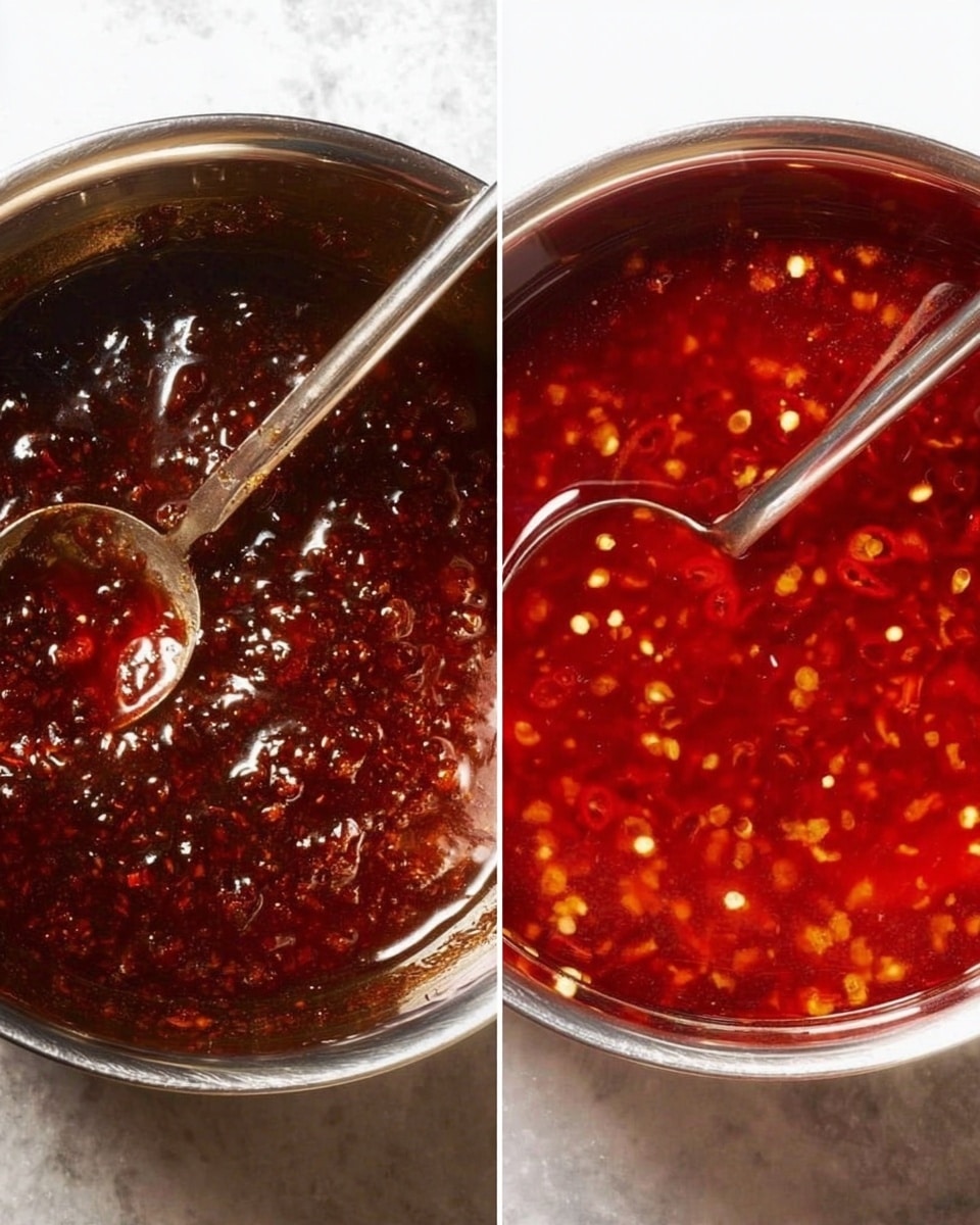 The image shows two close-up views of cooking pots with sauces. On the left, the pot is filled with a thick, dark reddish-brown sauce bubbling vigorously, with a shiny metal spoon partially dipped into it. On the right, the pot contains a thinner, bright red sauce with visible small chili flakes floating throughout, and it also has a shiny metal spoon resting inside. Both pots are shiny metal, placed on a white marbled surface. photo taken with an iphone --ar 4:5 --v 7