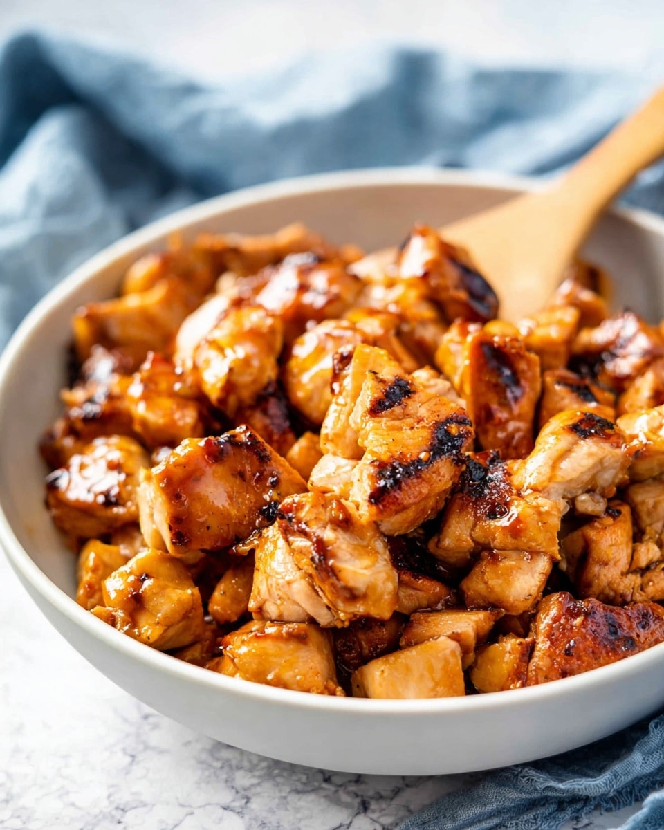 A white bowl filled with many chunks of grilled chicken pieces. The chicken pieces are light golden brown with some dark char marks. The texture looks juicy and slightly shiny from a glaze or sauce. A wooden spoon is resting inside the bowl, partly buried in the chicken chunks. The bowl is set on a white marbled surface, and a soft blue cloth is blurred in the background. photo taken with an iphone --ar 4:5 --v 7