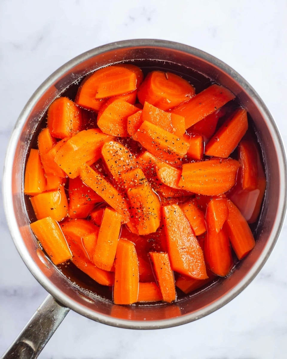 A top view of a metal pot filled with bright orange cooked carrot pieces in water, with some black pepper sprinkled on top. The carrots are cut into different shapes and sizes, mostly thick sticks and chunks, and they fill the pot completely. The pot sits on a white marbled surface, and the metal handle extends out to the left side. photo taken with an iphone --ar 4:5 --v 7