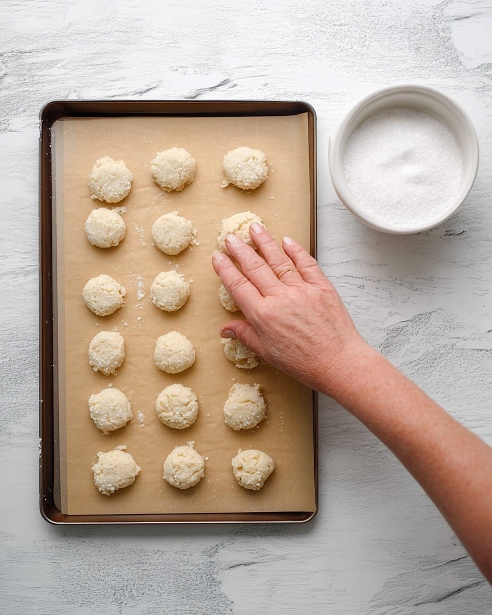 A woman's hand is pressing down on small, round dough pieces arranged in three uneven rows on a baking sheet lined with light brown parchment paper. The dough pieces are light beige in color and have a rough texture. To the right of the baking sheet, there is a small white bowl filled with white granulated sugar resting on a white marbled surface. The background is also a white marbled texture. photo taken with an iphone --ar 4:5 --v 7