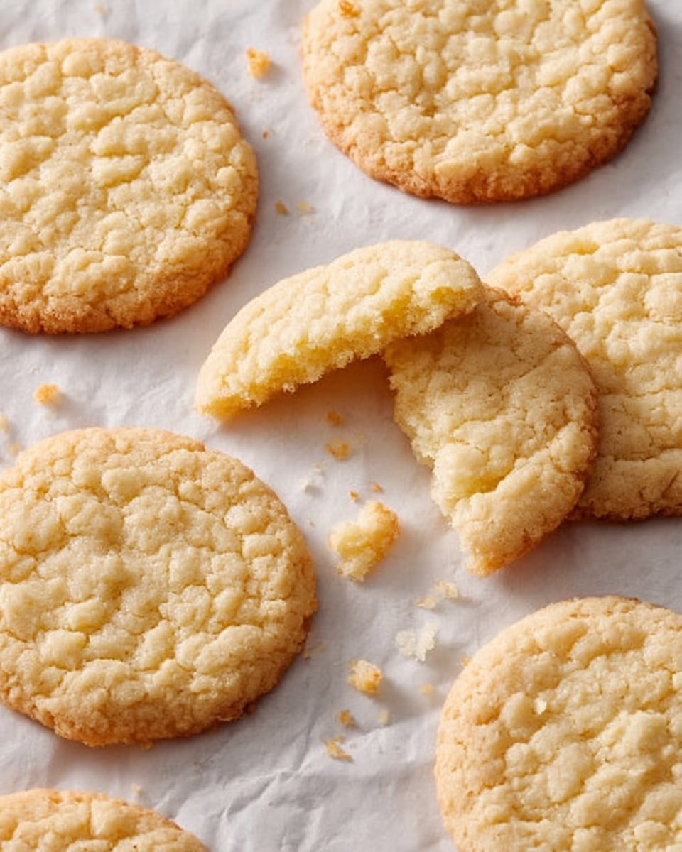The image shows seven round, light golden cookies with a crinkled, slightly rough texture placed on white parchment paper. One cookie is broken in half, revealing a soft, pale inside, and small crumbs are scattered around it. The cookies are thin and flat with a gentle, uneven surface, and they are spread out loosely, covering most of the parchment. The background beneath the paper is a white marbled texture. Photo taken with an iphone --ar 4:5 --v 7