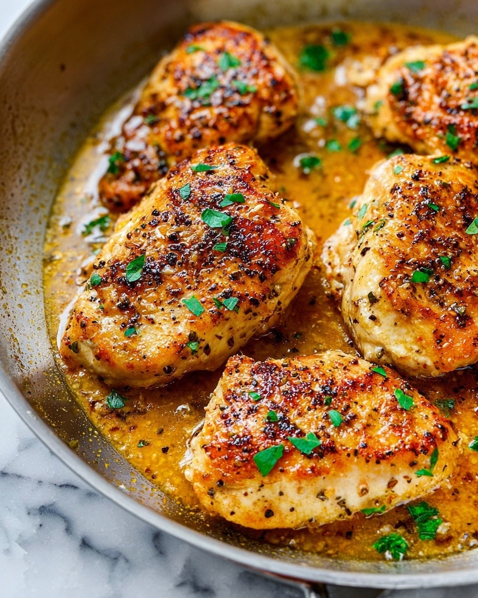 A close-up view of several cooked chicken pieces in a pan, each piece golden brown with a slightly crispy texture on top, seasoned with visible black pepper and small green herb leaves scattered on them. The chicken rests in a shiny, rich sauce that reflects light and has small bits of seasoning floating in it. The pan is silver and sits on a surface with a white marbled texture. The chicken pieces are positioned close together, filling most of the pan, and the overall feel is warm and savory. photo taken with an iphone --ar 4:5 --v 7