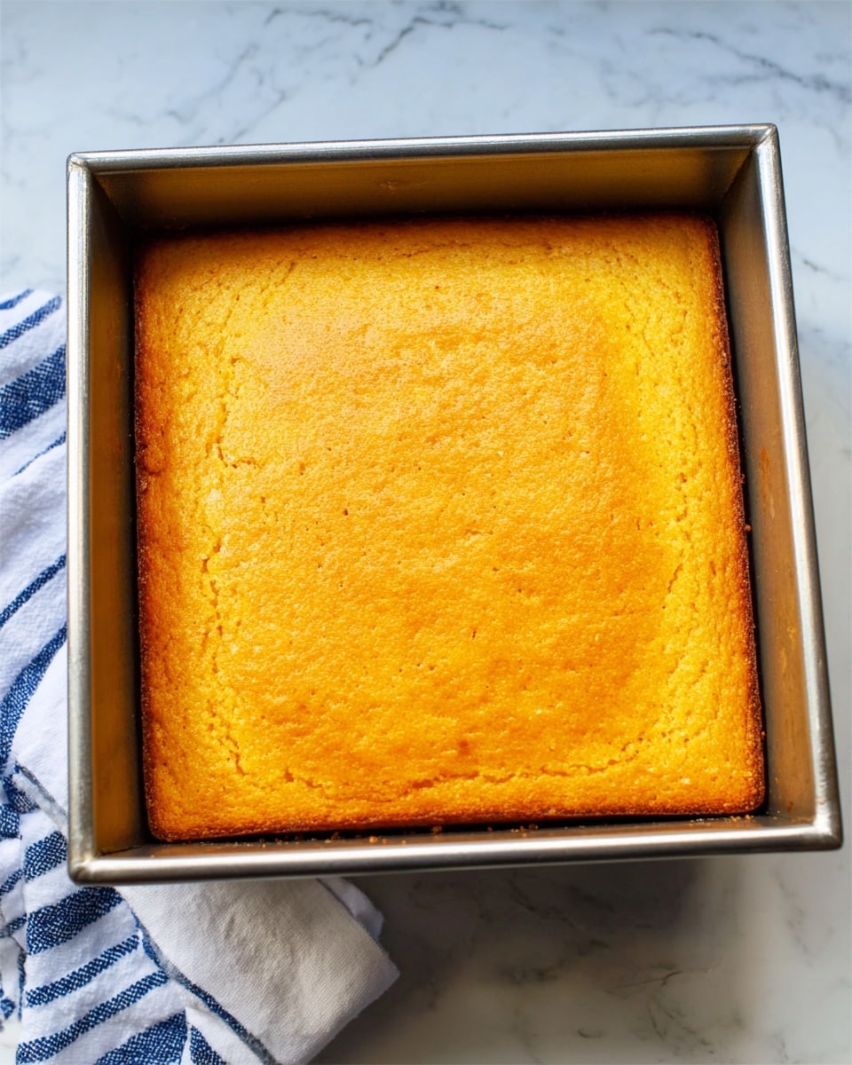 A square shiny metal baking pan holds a golden yellow cornbread with a smooth, slightly rough textured top layer that covers the entire pan. The cornbread looks thick and evenly baked, with small cracks and a warm orange tint. The pan rests on a white marbled surface next to a white cloth with blue stripes photo taken with an iphone --ar 4:5 --v 7