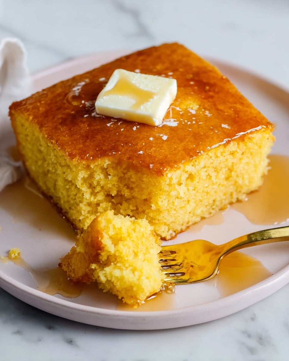 A square piece of golden yellow cornbread sits on a white plate with a soft, crumbly texture. The top layer is shiny with melted butter and a drizzle of syrup that glistens. On top of the cornbread is a small square of light yellow butter partly melted. A golden fork holds a bite-sized chunk of the cornbread in the front, resting on the plate. The background surface is white marble. Photo taken with an iphone --ar 4:5 --v 7
