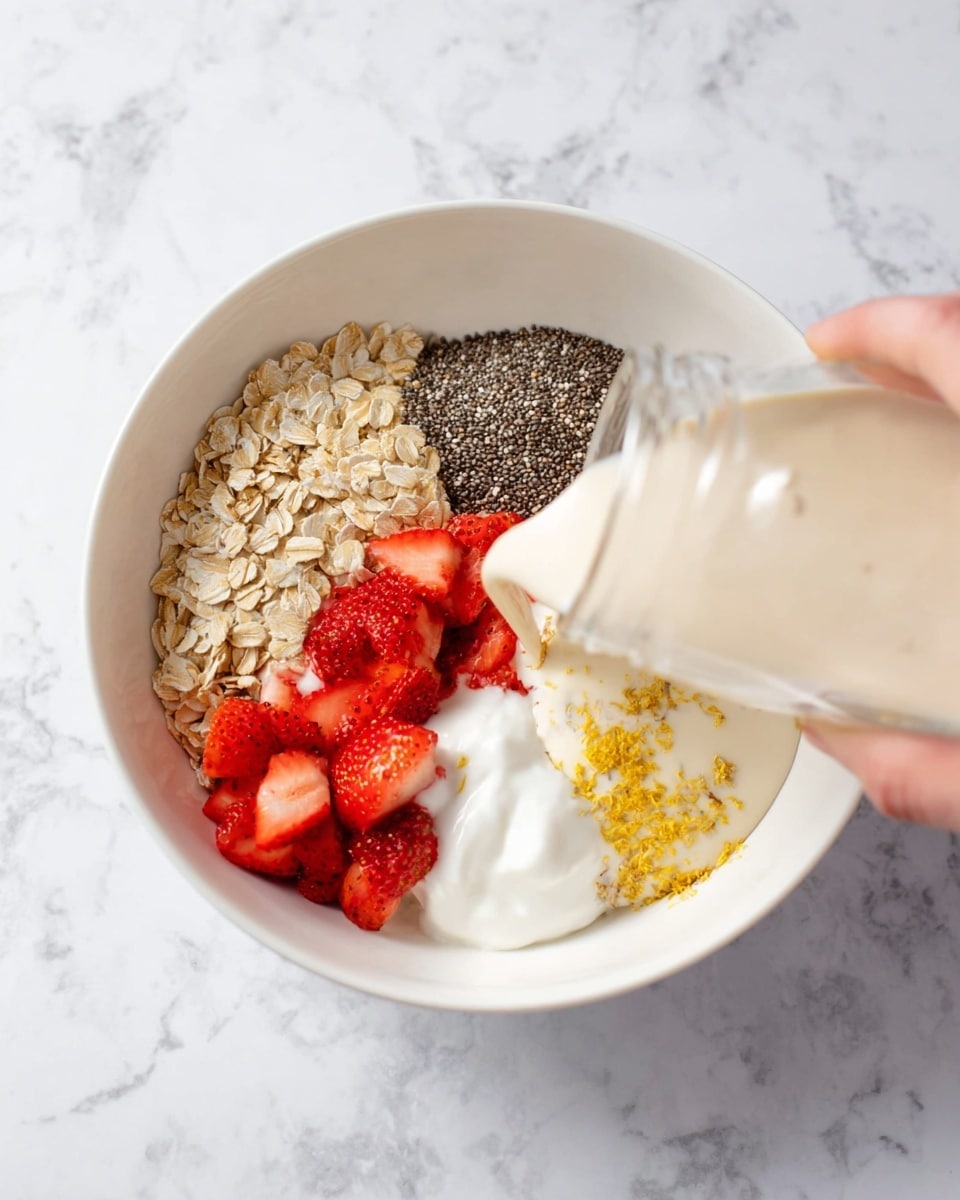 A white bowl on a white marbled surface holds five separate ingredients arranged in sections: light beige rolled oats on the left, small dark chia seeds on the top left, a dollop of thick white yogurt near the top center, red chopped strawberries with light milk poured over them on the right, and a creamy beige mixture with a sprinkle of yellow zest at the bottom. A woman's hand is pouring more light beige liquid from a clear jar into the bowl. Photo taken with an iphone --ar 4:5 --v 7