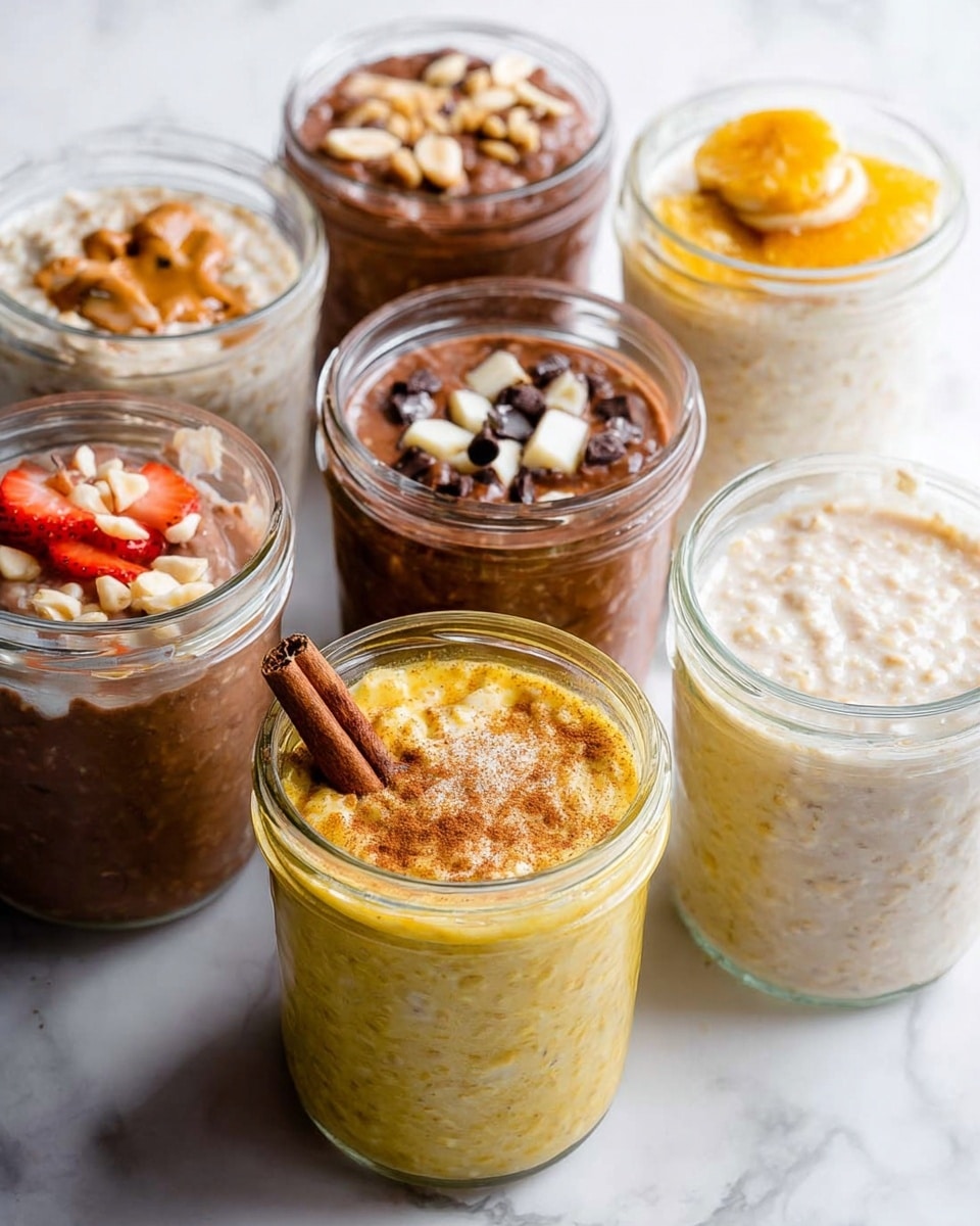 Eight clear glass jars of oatmeal are placed on a white marbled surface, each showing different colors and toppings. The front center jar has a thick yellow oatmeal with a cinnamon stick and a light dusting of cinnamon powder on top. To its left, a jar filled with chocolate oatmeal drizzled with peanut butter and topped with peanuts. Behind this jar is a chocolate oatmeal topped with small white and dark pieces. To the right of the yellow oatmeal jar is a plain, creamy oatmeal with a smooth texture, while on its far right a jar has oatmeal with a pat of yellow butter on top. Behind the jar with chocolate oatmeal, there is a jar with oatmeal topped with banana slices and dark pieces, and next to it, a jar with oatmeal topped with orange zest. Another jar, just left of the yellow oatmeal jar, contains oatmeal with visible small strawberry pieces and a sliced strawberry on top. The jars are arranged in a loose cluster, with soft natural light showing details of each oatmeal. Photo taken with an iphone --ar 4:5 --v 7