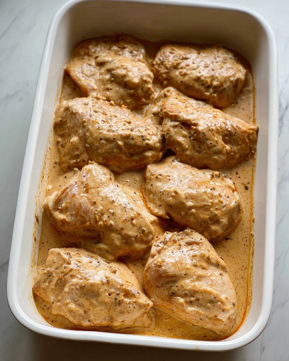 A white rectangular baking dish holds eight pieces of chicken, each coated thickly in a creamy, light brown sauce with visible specks of spices. The chicken pieces are arranged in two rows, four on each side, filling the dish evenly. The creamy sauce has a textured look, covering the chicken fully with a slightly uneven surface, suggesting a rich marinade. The dish sits on a white marbled surface. photo taken with an iphone --ar 4:5 --v 7