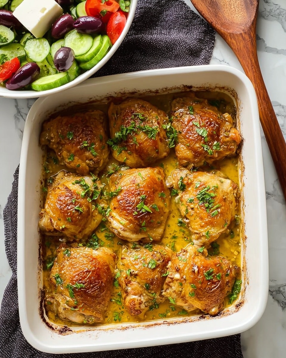 A white rectangular baking dish filled with eight golden-brown chicken thighs, each with a crispy skin and a slightly oily, shiny surface; the chicken pieces are arranged in two rows with a light sauce pooling at the bottom, garnished with fresh chopped green herbs scattered over the top. Next to the dish, part of a white bowl is visible containing a salad made of bright green cucumber slices, vivid red cherry tomato halves, dark purple olives, and a rectangular piece of white cheese on top. The dishes rest on a dark textured cloth on a white marbled surface, and a wooden spatula with a woman's hand holding its handle is seen on the right side. Photo taken with an iphone --ar 4:5 --v 7