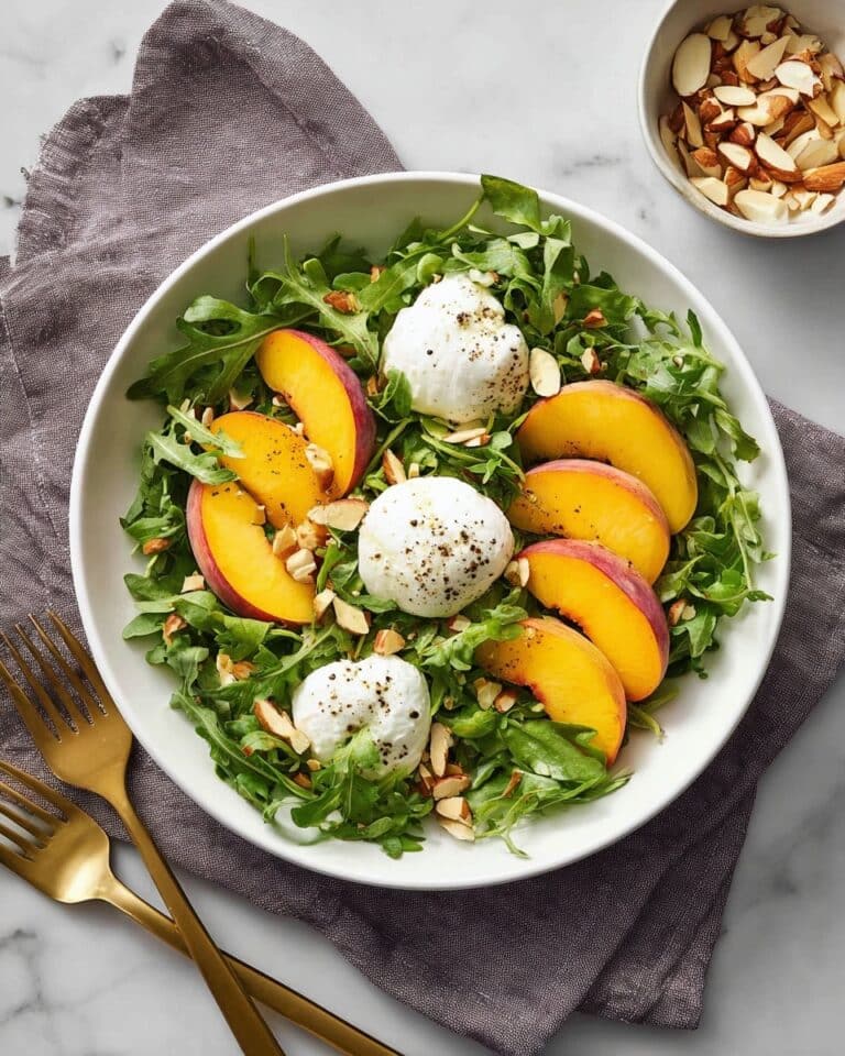 Arugula Burrata Salad with Peaches, Almonds, and Basil Recipe