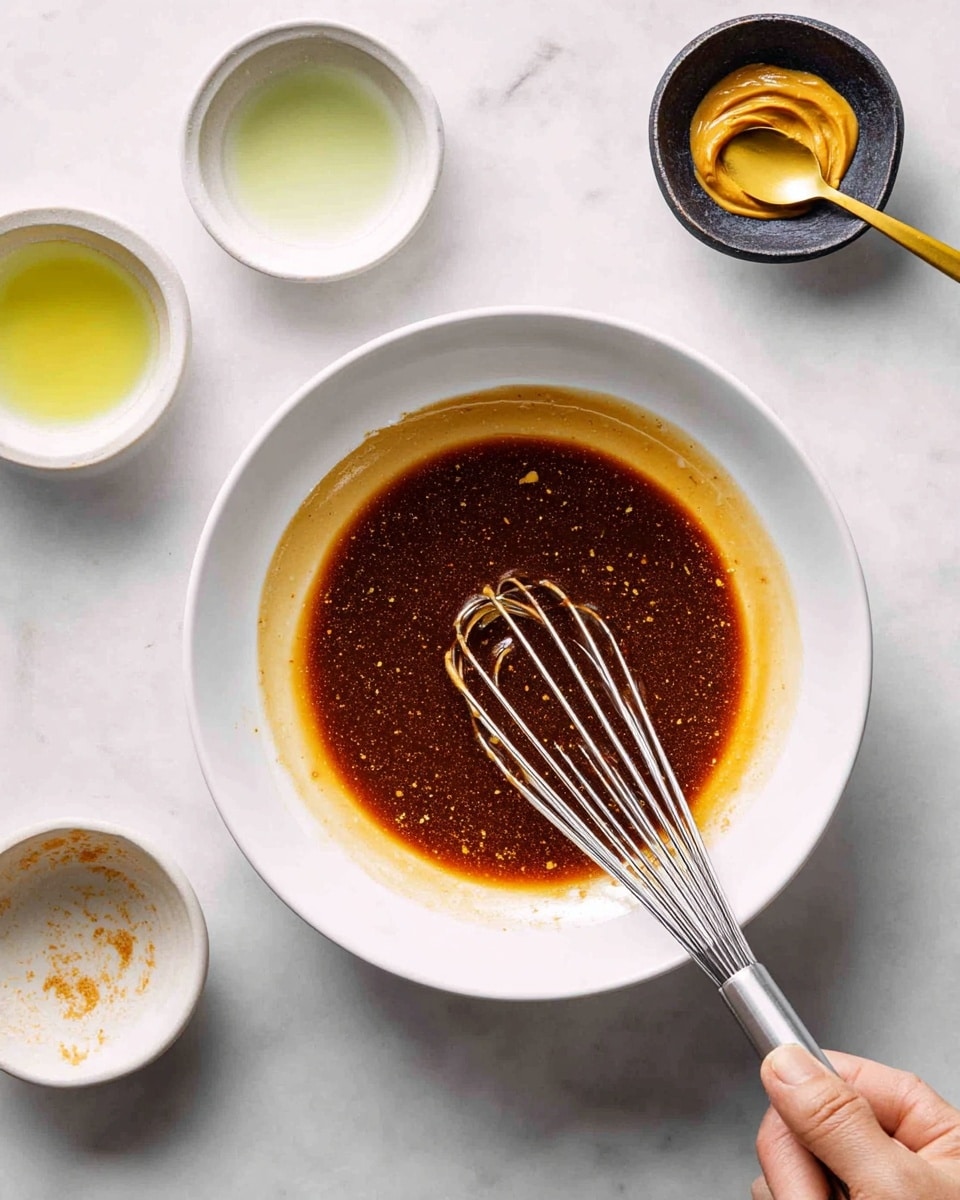 A white bowl contains a shallow layer of dark brown sauce with a slightly shiny texture, showing small specks of spices throughout, and empty streaks where it has been mixed. A metal whisk sits inside the sauce, held by a woman's hand visible at the lower right, adding motion to the scene. Around the bowl, there are three small white dishes; one is nearly empty but has traces of the same brown sauce, another contains a light greenish-yellow liquid, and the third is mostly clean with a small amount of light brown residue. On the white marbled surface, a small dark bowl holds a golden spoon with some thick yellowish paste. The overall setup is clean and simple, emphasizing the sauce and the tools used to prepare it. photo taken with an iphone --ar 4:5 --v 7