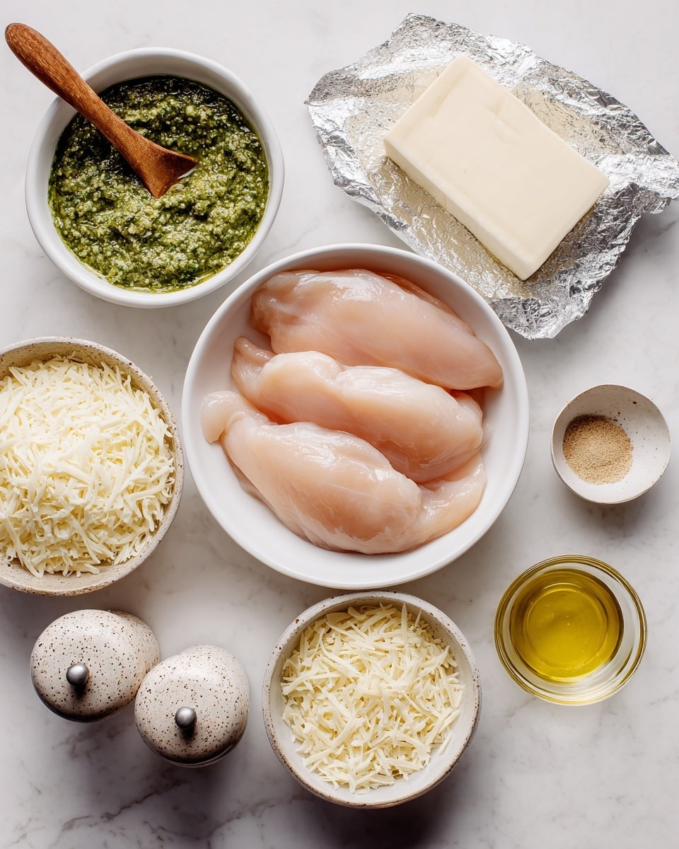 A white bowl filled with five raw chicken breasts, light pink in color and smooth texture, sits in the center on a white marbled surface. Above it to the left is a white bowl of green pesto with a wooden spoon in it, showing a slightly chunky texture. Next to pesto is a small white bowl with fine light brown garlic powder. On the right side near chicken is one block of cream cheese partially wrapped in silver foil, off-white and smooth. Below the chicken in a white bowl is shredded white mozzarella, soft and slightly fluffy. Next to mozzarella is a small white bowl of pale yellow grated parmesan, finely textured. Two woven salt and pepper shakers, beige and silver on top, are placed to the left. On the bottom right is a small glass container of clear pale yellow olive oil. All items are laid out neatly on a white marbled surface. Photo taken with an iphone --ar 4:5 --v 7
