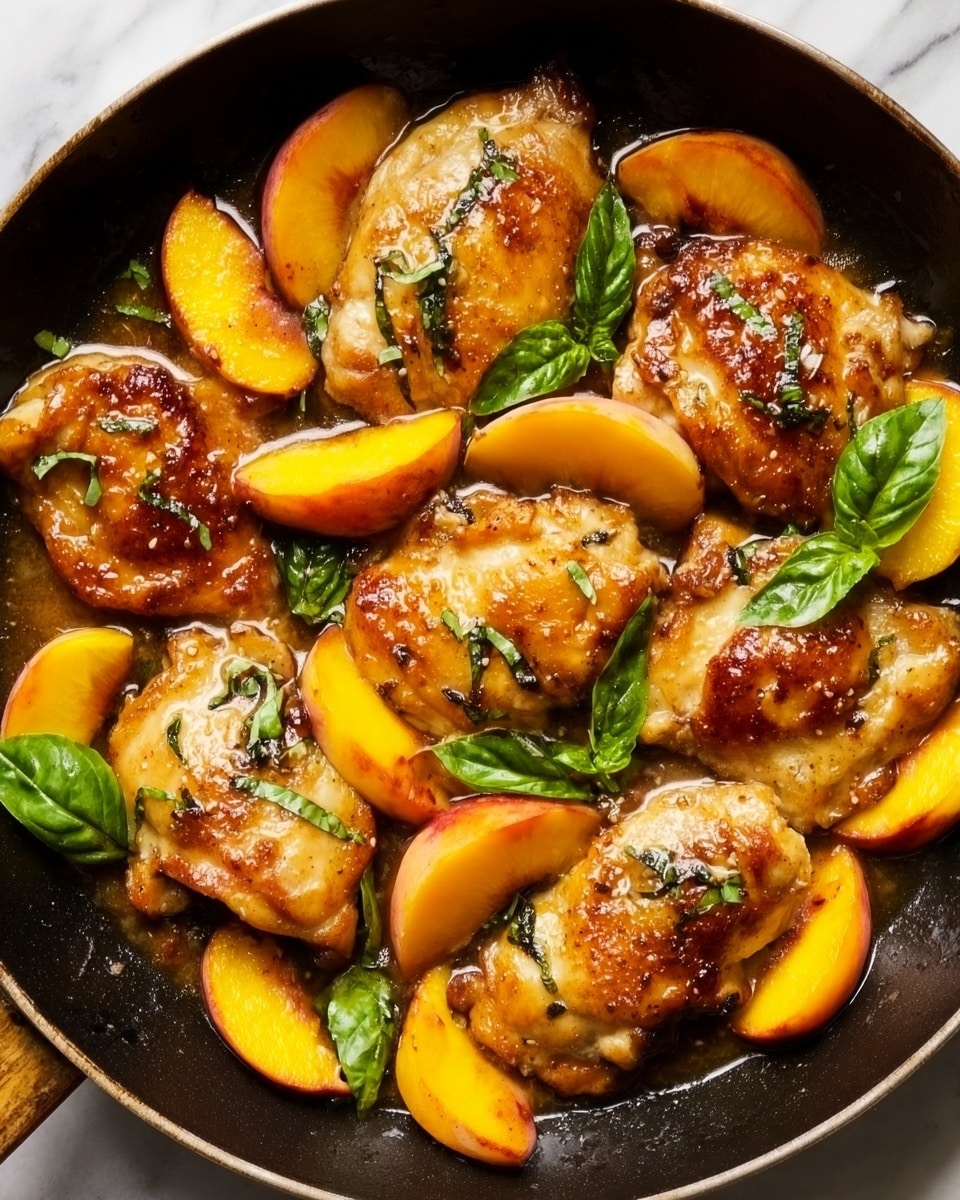 The image shows a skillet filled with six pieces of golden-brown cooked chicken placed evenly around the pan. Bright orange peach slices are arranged on and between the chicken pieces, adding a fresh, juicy texture. Dark green fresh basil leaves are scattered around, providing vivid color contrast to the warm tones of the chicken and peaches. The glossy sauce coats the chicken and pools slightly at the bottom of the skillet, reflecting light and enhancing the dish’s rich appearance. The pan is placed on a white marbled surface. Photo taken with an iphone --ar 4:5 --v 7