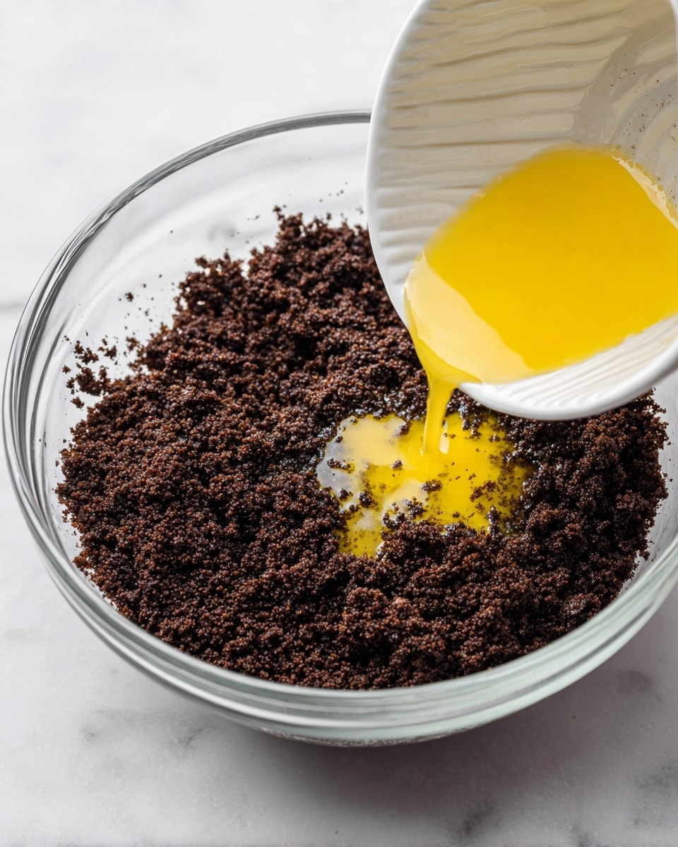 A clear glass bowl sits on a white marbled surface, filled with a dark brown, crumbly mixture that looks like crushed cookies. From the top right, a white small bowl with ridges is tilted, pouring a bright yellow liquid, likely melted butter, onto the dark crumbs. The liquid spreads slightly over the crumbs, creating a moist contrast against the dry, rough texture. Photo taken with an iphone --ar 4:5 --v 7