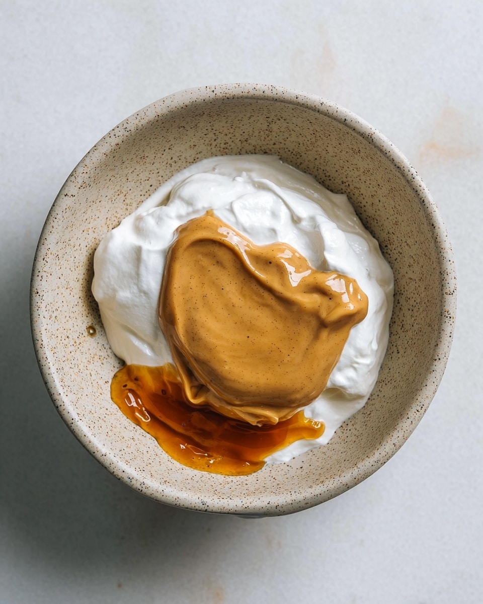 The image shows a white speckled bowl filled with three distinct layers: the bottom layer is thick and fluffy white cream spread evenly, the middle layer is a shiny, amber-colored syrup partially covering the cream, and the top layer is a smooth, light brown peanut butter dollop sitting slightly off-center. The bowl is placed on a white marbled surface. Photo taken with an iphone --ar 4:5 --v 7