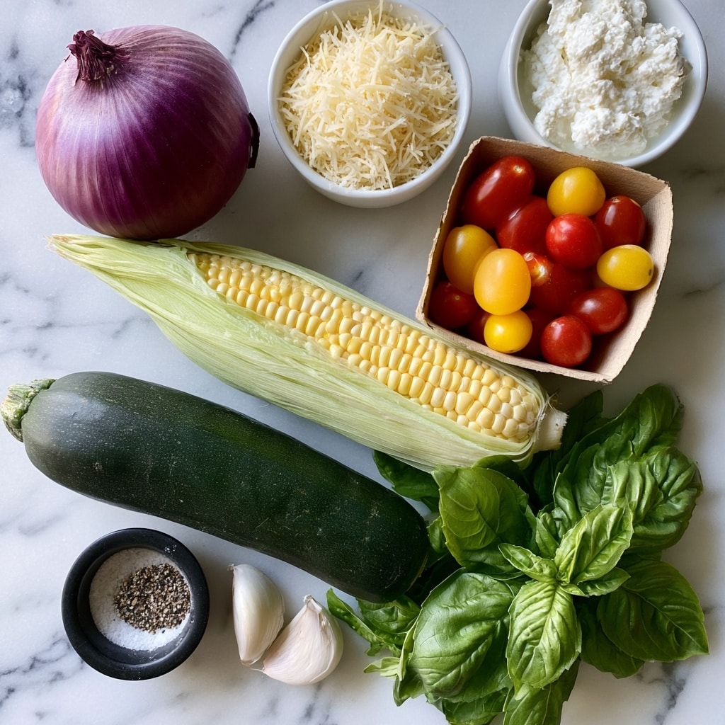 The image shows various fresh ingredients arranged on a white marbled surface. There is a whole red onion on the top left, next to a small white bowl filled with shredded parmesan cheese and another white bowl with ricotta cheese at the top right. A cob of corn in light green husk sits in the middle. To the right of the corn is a small square cardboard container filled with red and yellow cherry tomatoes. Below the corn, there is a dark green zucchini placed horizontally. Near the bottom left are two garlic cloves close to a small black bowl containing salt and pepper. Fresh green basil leaves with vibrant color are spread near the zucchini. The overall arrangement is neat and colorful, showcasing each ingredient clearly. Photo taken with an iphone --ar 4:5 --v 7