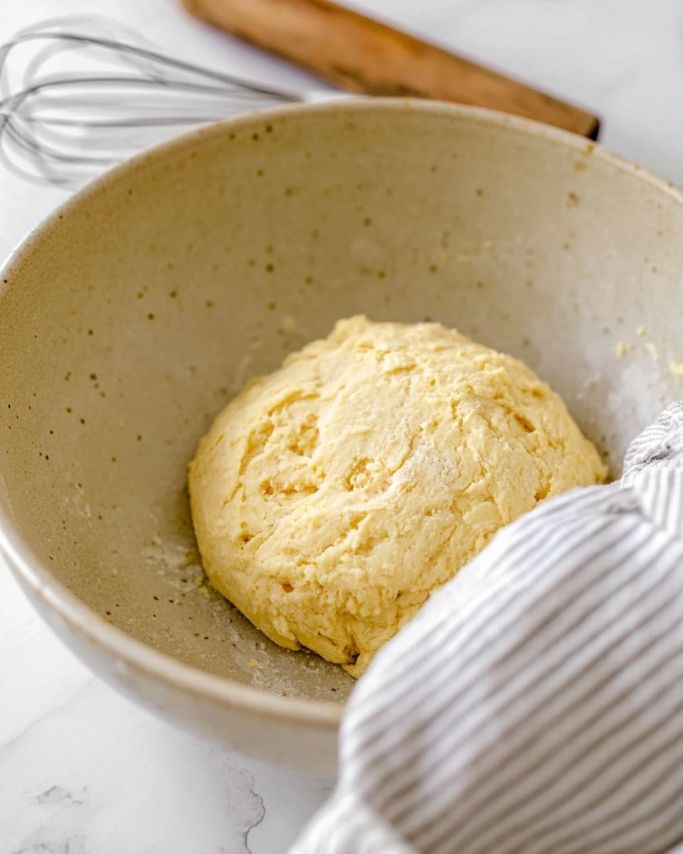 A close-up image shows a dough ball resting in a large, light beige bowl with a slightly rough texture and small brown specks. The dough is pale yellow with a soft, crumbly texture and some small holes on the surface. A striped white and gray cloth partially covers the bowl from the right side. The bowl sits on a white marbled surface, and a wooden whisk with a metal handle rests behind the bowl in the background. photo taken with an iphone --ar 4:5 --v 7