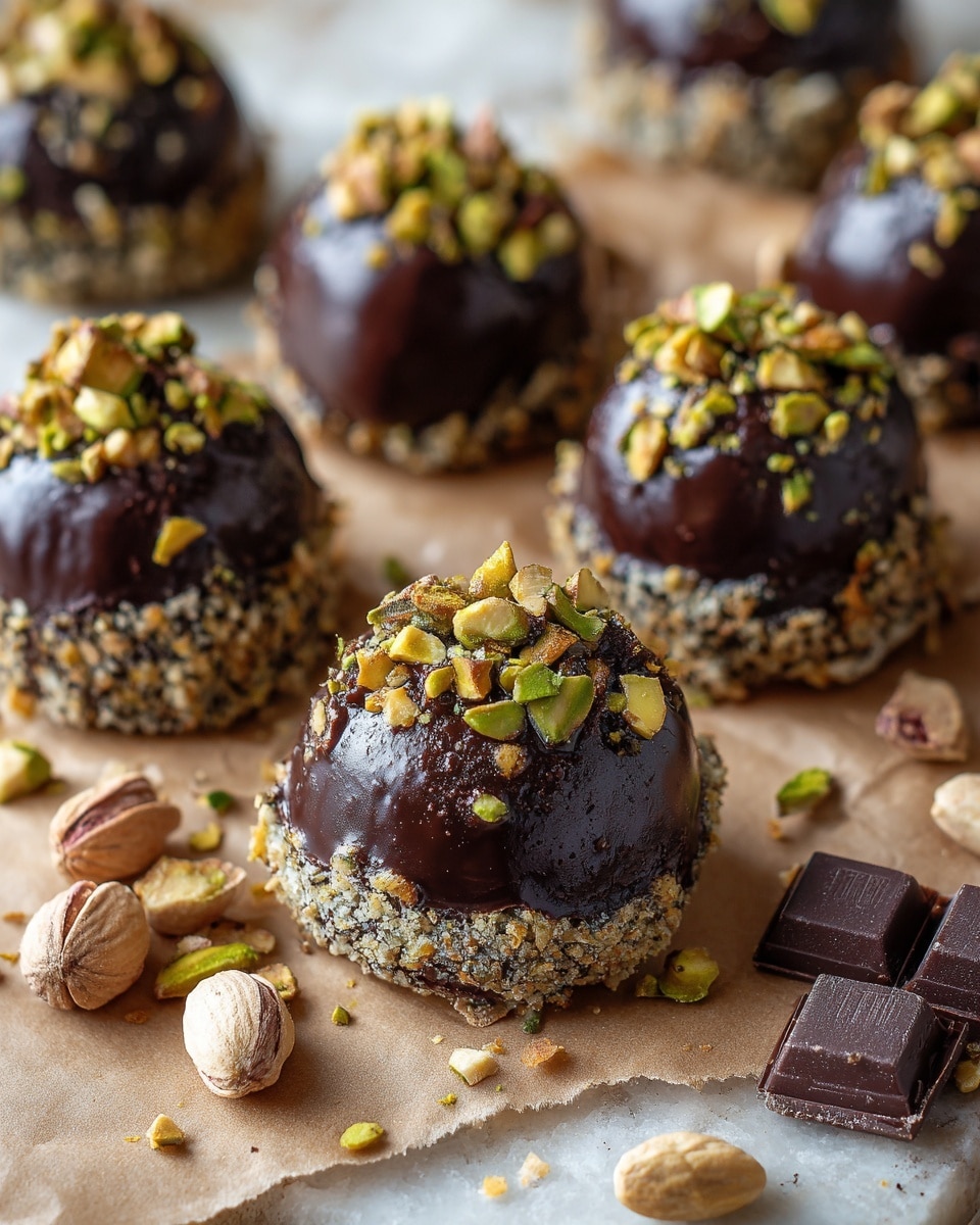 The image shows a close-up of a woman's hand holding a round cookie with three visible layers; the bottom layer is a light beige cookie base with a soft texture, the middle layer is a light green creamy filling with a smooth texture, and the top layer is a thick dark brown chocolate coating sprinkled generously with crushed pistachio nuts in varying shades of green and brown. In the blurry background, there are several similar cookies arranged closely on a white marbled surface. The photo taken with an iphone --ar 4:5 --v 7