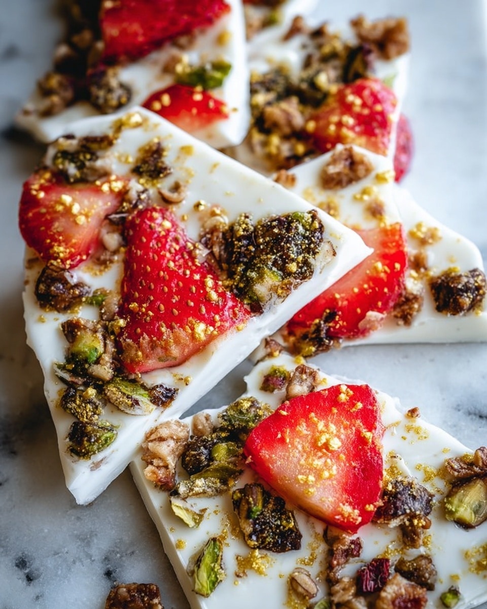 The image shows several irregular pieces of white bark-like dessert with a smooth, creamy base layer topped with scattered crunchy granola clusters in dark brown and green hues. There are bright red strawberry slices partially embedded on the surface, adding a pop of color. Golden specks, likely finely crushed nuts or seeds, are sprinkled across the top. The pieces are laid out on a white marbled textured surface, highlighting their bright and textured toppings. Photo taken with an iphone --ar 4:5 --v 7