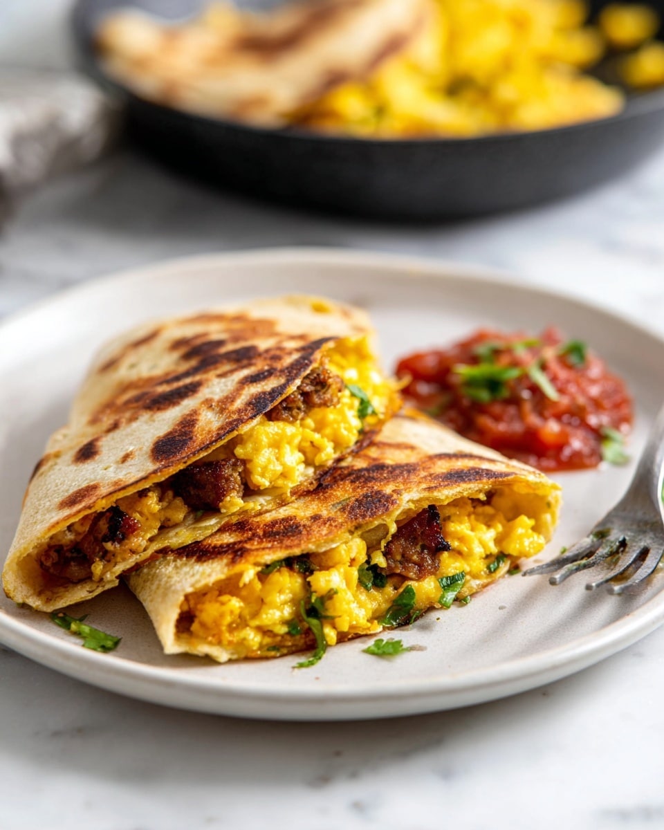 A close-up of a white plate with a folded large tortilla filled with scrambled eggs inside. The tortilla has a golden brown, slightly crispy texture with some char marks. Inside the tortilla, there are three layers: bright yellow scrambled eggs, green pieces of spinach or green pepper, and browned bits of cooked meat or sausage. Next to the tortilla, there is a small portion of red salsa with some herbs, and a silver fork rests near the plate's edge. In the background, a black pan with more scrambled eggs is slightly out of focus on a white marbled surface. Photo taken with an iphone --ar 4:5 --v 7
