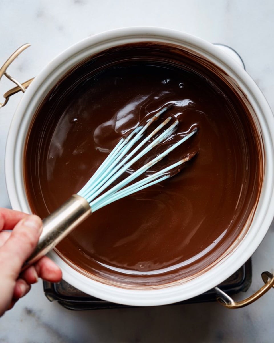 A pot filled with smooth, thick dark brown chocolate sauce being stirred by a woman's hand holding a light blue whisk with a metallic handle, the sauce has a glossy texture and covers the entire inside of the white pot visible from the top; the background is a white marbled surface photo taken with an iphone --ar 4:5 --v 7