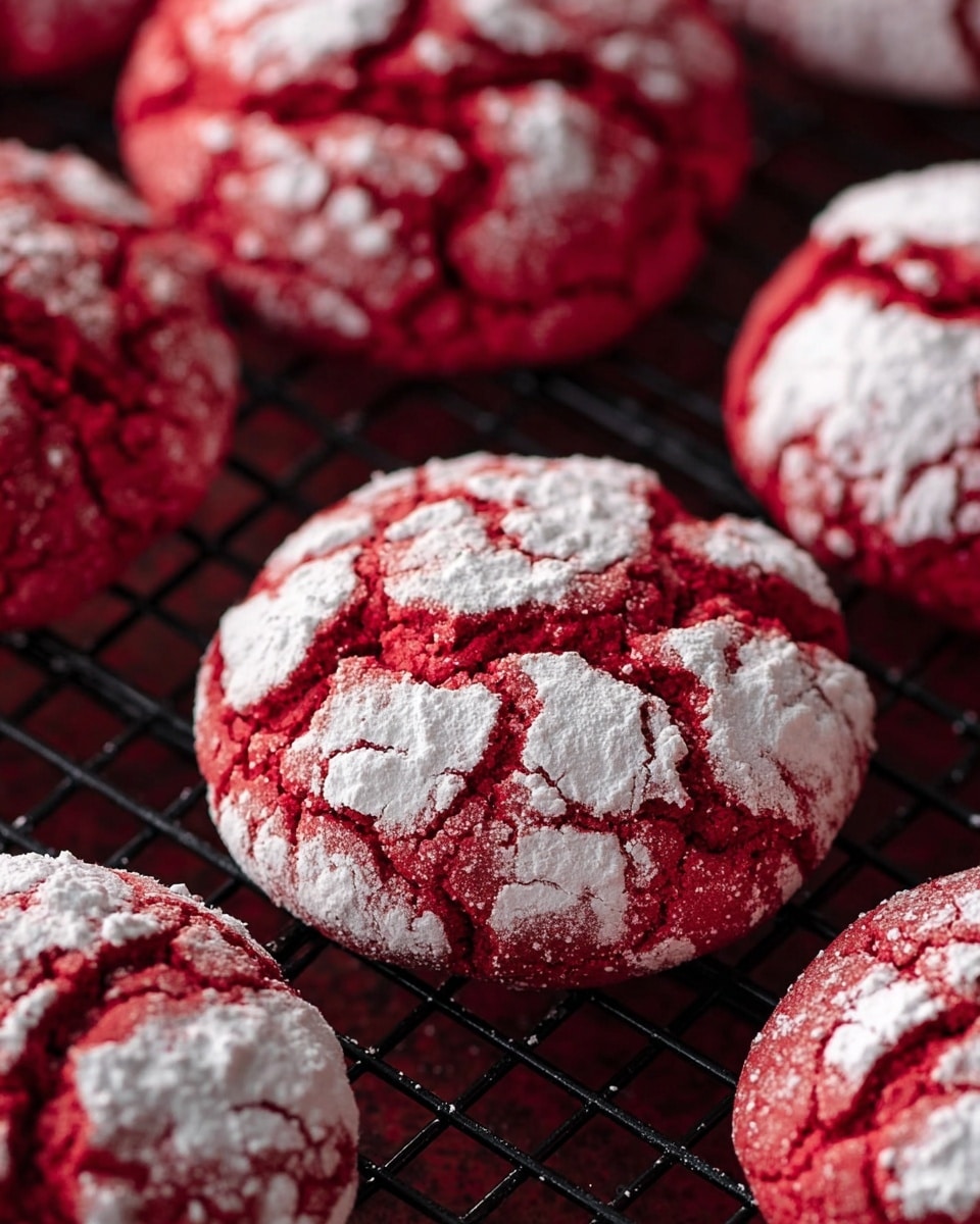 The image shows several round red cookies with cracked surfaces, covered in a layer of white powdered sugar that sits unevenly on top, creating a cracked pattern. These cookies rest on a black wire cooling rack, which adds a grid texture underneath. The overall texture of the cookies looks soft with the powdered sugar clinging to the rough cracked edges of the red cookie. The color contrast between the bright red cookies and the white powdered sugar is striking. The background through the gaps in the rack appears dark and out of focus. photo taken with an iphone --ar 4:5 --v 7