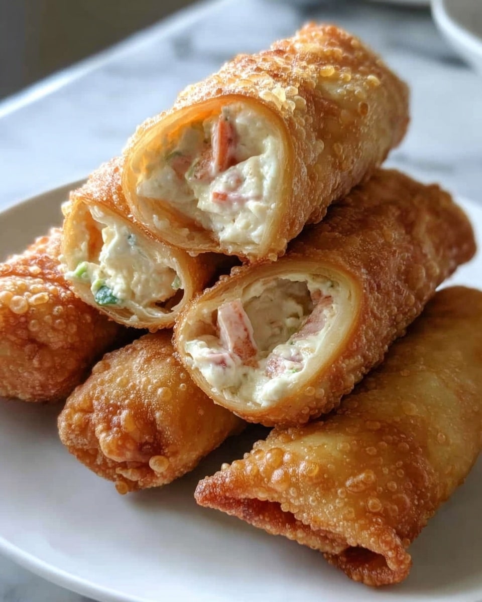 The image shows a white plate filled with golden, crispy rolled pastries stacked closely together. The pastries have a bubbly, crunchy outer shell with a textured surface showing air pockets. They are stuffed with a creamy, white filling that has small bits of green and red, visible at the open ends of the rolls. The plate rests on a white marbled surface, and the overall lighting highlights the warm color and crunchiness of the rolls. photo taken with an iphone --ar 4:5 --v 7