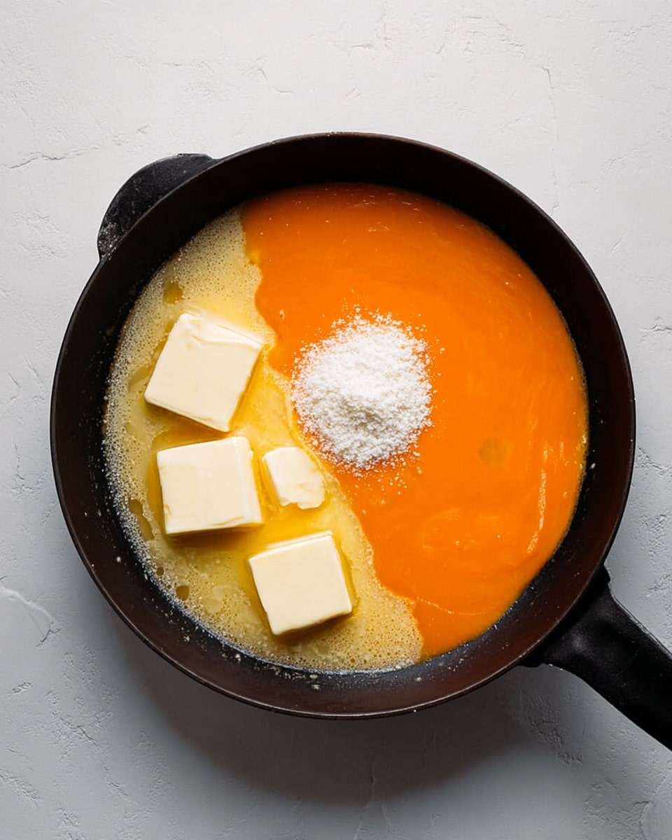 A black skillet is filled mostly with a smooth bright orange sauce occupying about two-thirds of the skillet. On one side, there are four square pieces of white butter melting, surrounded by a thin layer of melted butter creating a pale yellow border mixing into the sauce. A small mound of white granulated seasoning sits near the center of the skillet, over the orange sauce. The skillet is placed on a white marbled textured surface. photo taken with an iphone --ar 4:5 --v 7