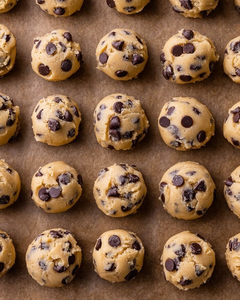The image shows a flat top-down view of many round cookie dough balls arranged in rows on brown parchment paper. Each dough ball is light beige with a soft, bumpy texture and is studded with multiple dark chocolate chips that are scattered inside and on top, some chips slightly melted or pressed into the dough. The dough pieces are roughly the same size and evenly spaced, creating a neat pattern. The brown parchment paper underneath contrasts with the dough, highlighting the light color and chocolate chips well. Photo taken with an iphone --ar 4:5 --v 7