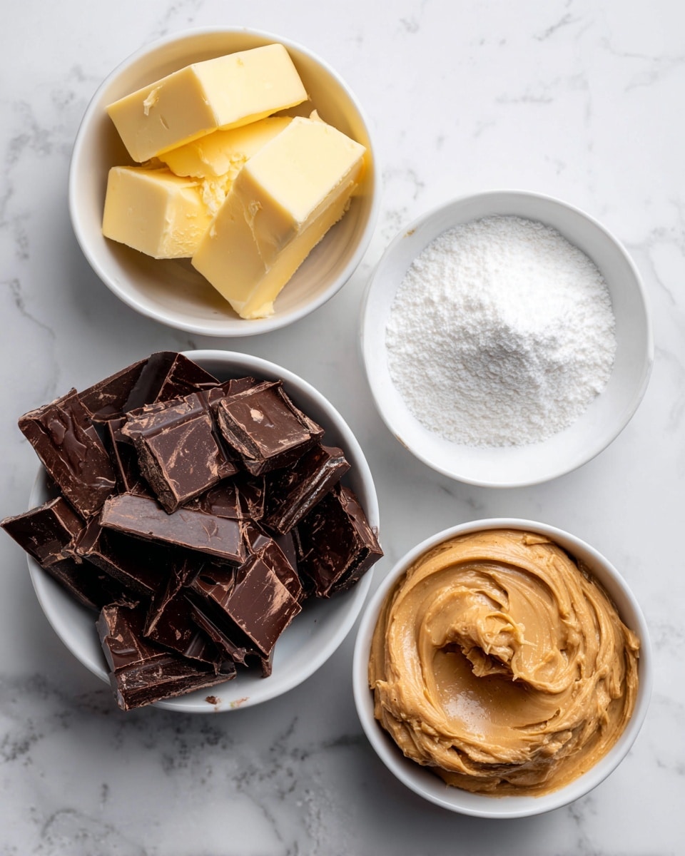 Four white bowls are placed on a white marbled surface. The top left bowl holds two slices of yellow butter with smooth edges. The top right bowl is filled with fine white icing sugar with a soft and powdery texture. The bottom left bowl is full of broken pieces of dark chocolate with a shiny and solid surface. The bottom right bowl contains creamy peanut butter with a smooth and slightly swirled texture. photo taken with an iphone --ar 4:5 --v 7
