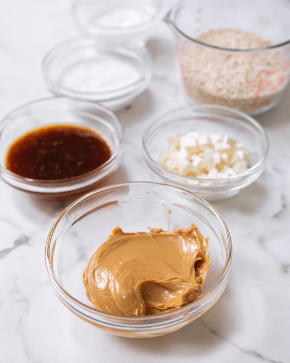 The image shows six clear glass bowls of different sizes arranged on a white marbled surface. The largest bowl in the front center contains a smooth, creamy light brown paste with some of it clinging to the side of the bowl. Behind this, there is a smaller bowl holding coarse white grains, another with small chopped white pieces, and a third bowl with a thick, dark brown sauce. To the left is a bowl containing white granulated sugar, and furthest back is a clear measuring cup with a liquid inside. All bowls are transparent, and the background is bright with soft natural light. Photo taken with an iphone --ar 4:5 --v 7