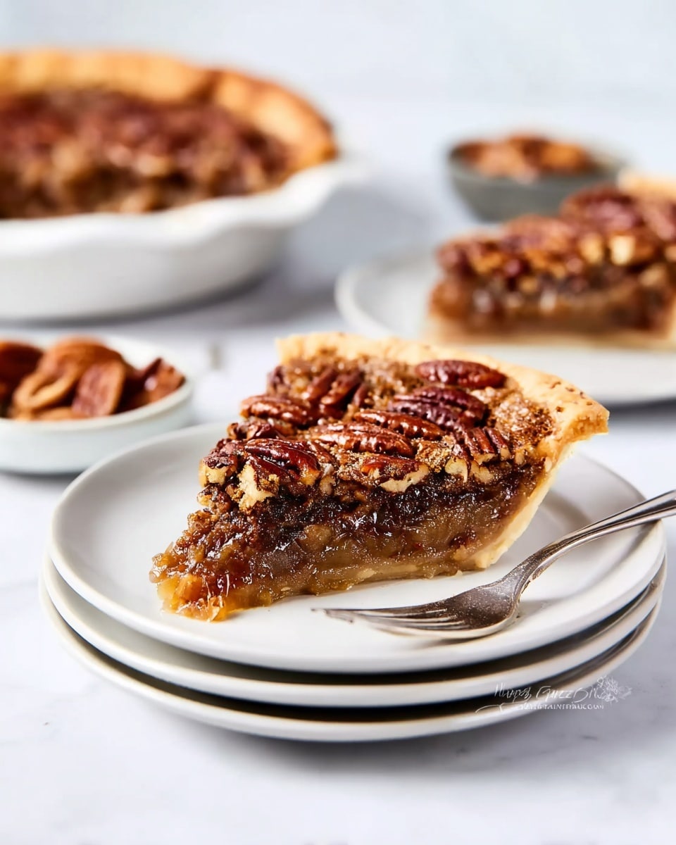 A slice of pecan pie sits on a stack of three white plates on a white marbled surface. The pie has three visible layers: the bottom crust is a light golden-brown color, the middle filling is dark and gooey with a rich caramel tone, and the top layer is covered with toasted pecans that are glossy and browned, creating a crunchy texture. In the background, there is a white pie dish holding the remaining pie, along with a small silver bowl of extra pecans and a blurred piece of pie to the side. A fork rests beside the slice on the plates. photo taken with an iphone --ar 4:5 --v 7