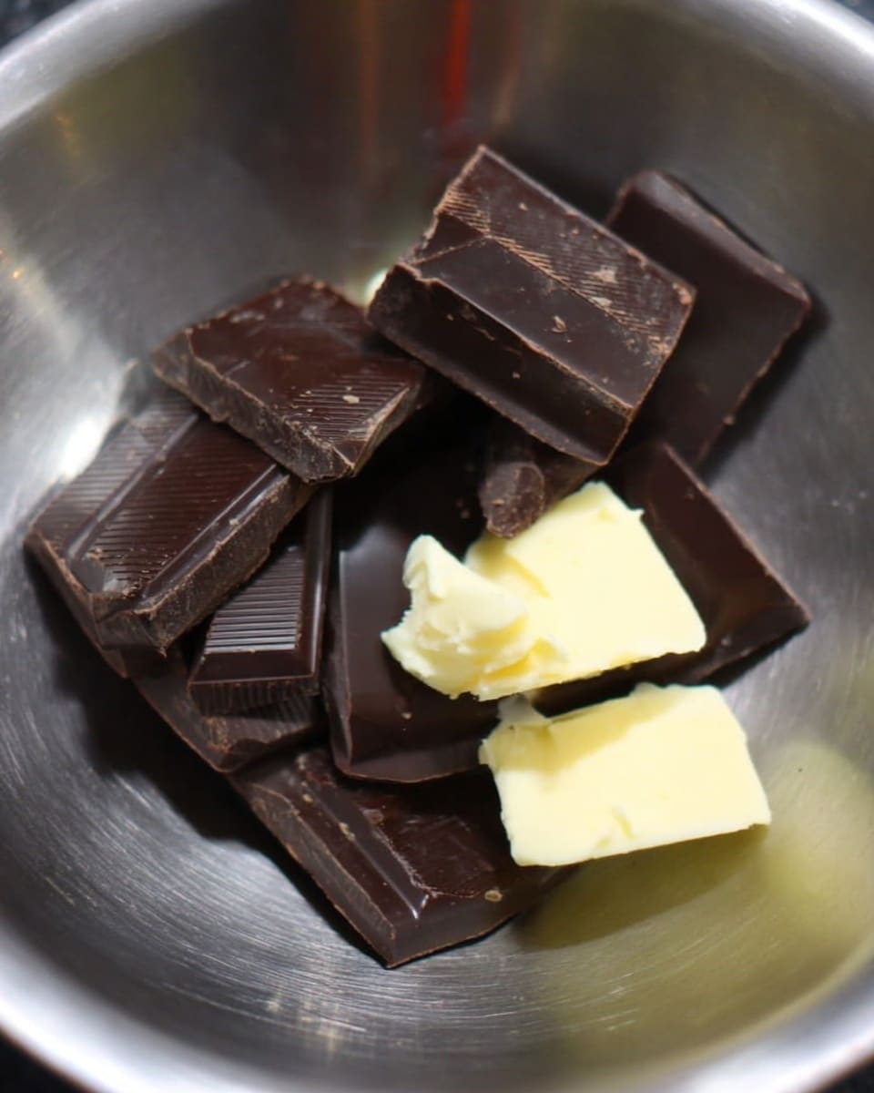 Inside a metal bowl, there are several pieces of dark chocolate with a few small pieces of pale yellow butter resting on top. The dark chocolate pieces are shiny and solid, stacked loosely with some overlapping. The metal bowl has a smooth surface reflecting light softly from above. photo taken with an iphone --ar 4:5 --v 7