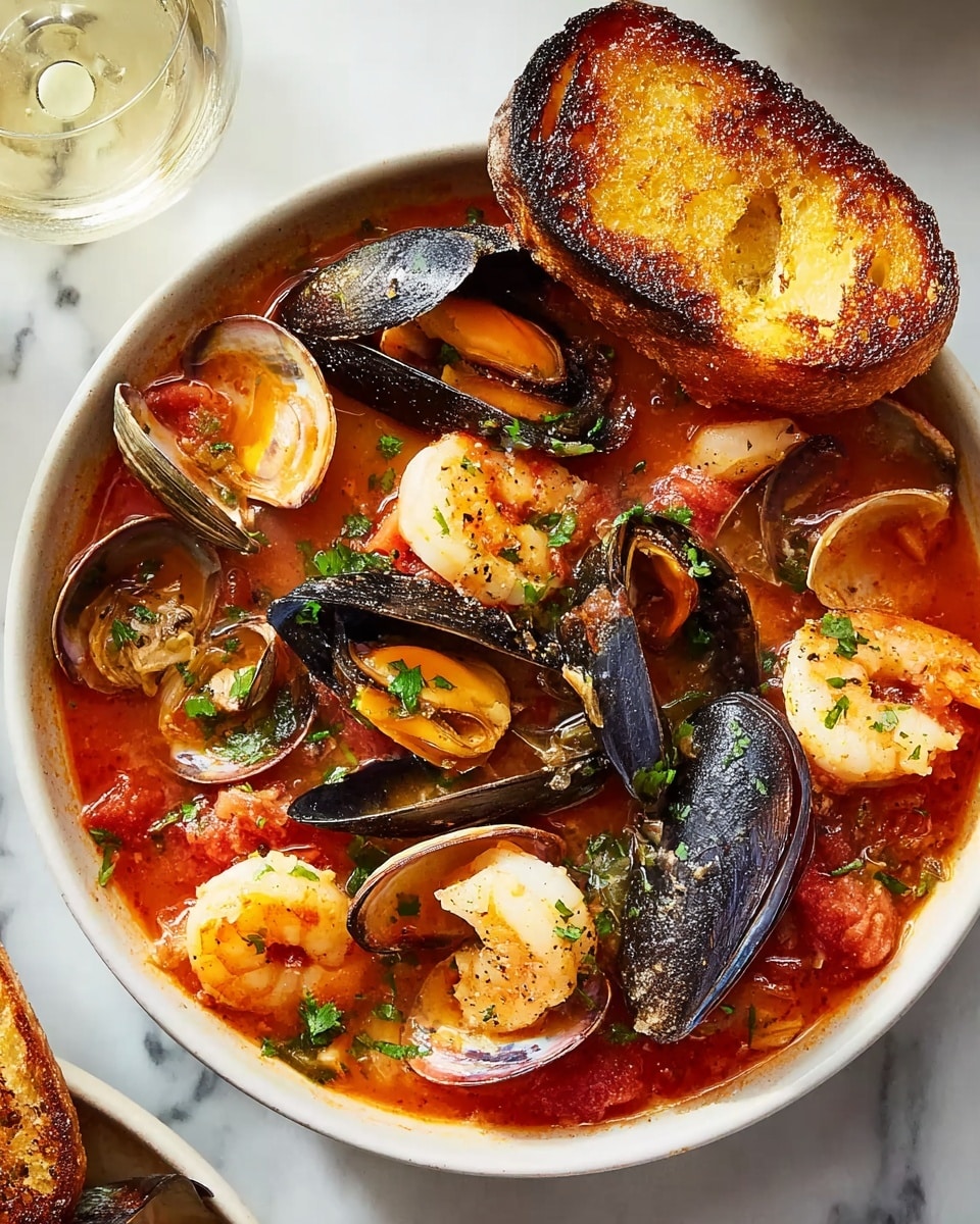 A bowl filled with a seafood stew showing multiple layers of ingredients in a rich red tomato broth. The top layer has several large clams and mussels with black shells partially open, revealing plump orange and white meat inside. Scattered around are chunks of white fish and whole cooked shrimp with pink shells. There are also pale yellow scallops mixed in. Bright green chopped herbs are sprinkled over the top for color. A piece of golden toasted bread leans on the side of the bowl. The bowl is white and sits on a white marbled surface with a glass of white wine nearby. photo taken with an iphone --ar 4:5 --v 7