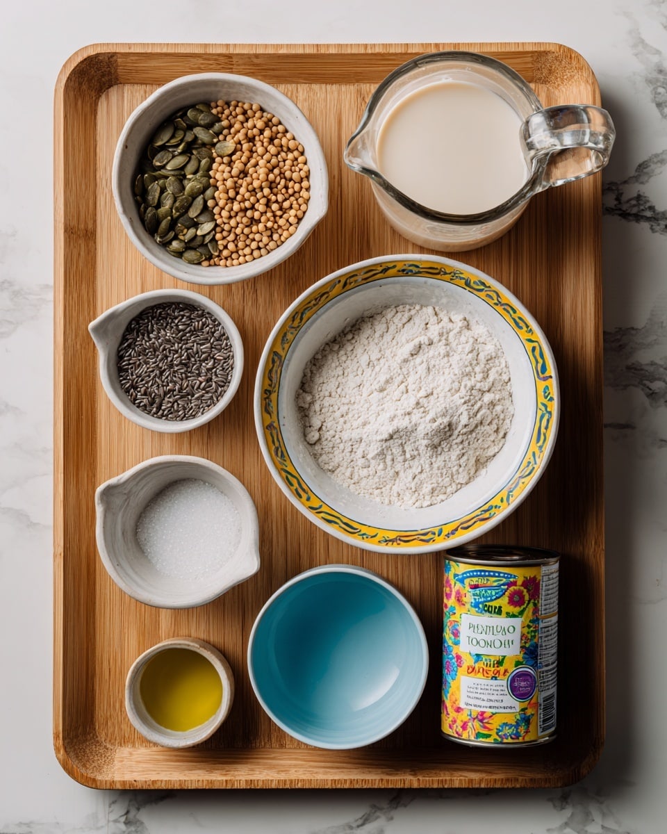 The image shows a wooden tray with seven containers of ingredients neatly arranged on a white marbled surface. On the top left, there is a small white bowl filled with a mix of green pumpkin seeds, brown flax seeds, black chia seeds, and sunflower seeds. Next to it is a small white shallow bowl holding fine white salt. On the top right corner, there is a clear glass measuring jug filled with pale creamy soy milk. Below the seeds bowl is a white bowl with a yellow and blue decorative rim, heaped with white self-rising flour. Next to it, on the right, is a small light blue bowl with clear olive oil. Further right, a can of organic chickpeas with a colorful label sits on the tray. The overall setup is clean and organized, with all ingredients clearly visible, placed on a wooden tray over white marbled background. Photo taken with an iphone --ar 4:5 --v 7