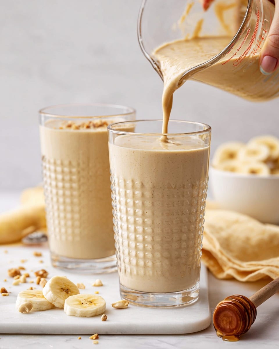 A thick, creamy beige smoothie is being poured from a clear glass measuring cup into a textured clear glass with round and vertical indent patterns, sitting on a white marbled surface. Next to it, another filled glass of the same smoothie stands slightly blurred in the background. In the foreground, two banana slices and some crushed nuts lie scattered on the white marbled surface. A wooden honey dipper with honey rests to the right, while a white bowl filled with banana slices sits blurred further back on a light yellow cloth. The pouring is done by a woman's hand with neatly manicured nails. Photo taken with an iphone --ar 4:5 --v 7