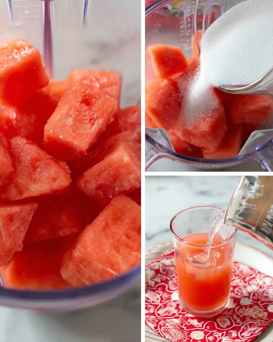 The first image shows large, bright red watermelon chunks inside a clear blender container. The second image shows the same watermelon chunks in the blender with white sugar being poured over them from above. The third image features a close-up of a glass filled with ice cubes and light red watermelon juice being poured into it, all placed on a white plate with a red and white patterned cloth underneath, set on a white marbled surface. photo taken with an iphone --ar 4:5 --v 7