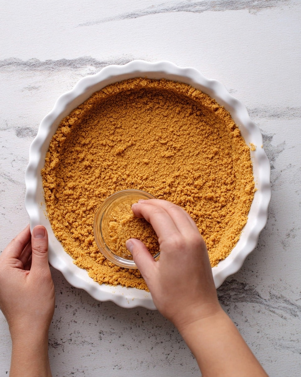 A white ceramic pie dish filled with a thick layer of crumbly golden brown crust being pressed down and shaped evenly along the bottom and sides. The texture of the crust is grainy and compacted, while a woman's hand holds a small clear glass, using its base to press the crumbs firmly in place. The dish sits on a white marbled surface with light gray veins, creating a clean and bright background for the preparation. photo taken with an iphone --ar 4:5 --v 7