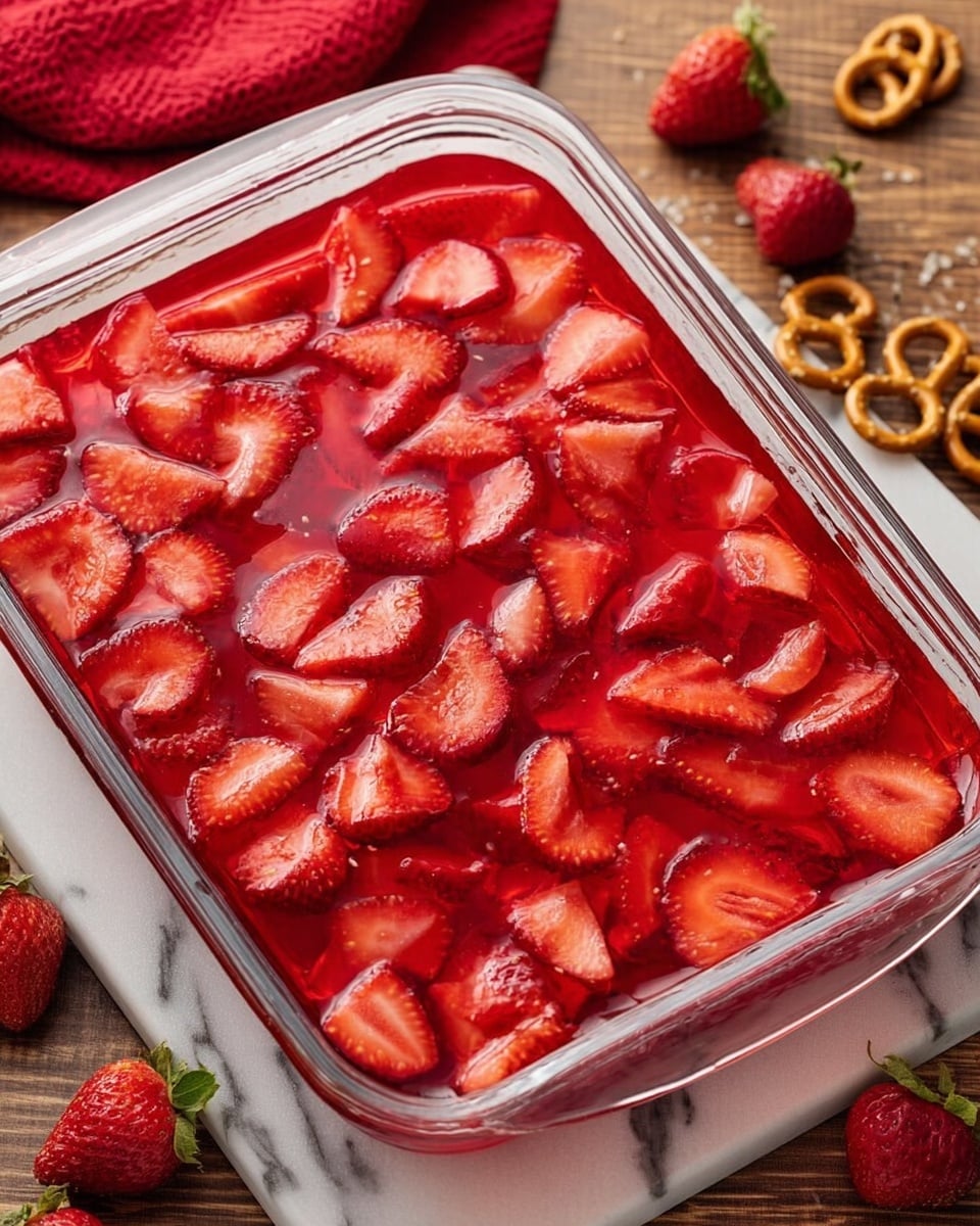 A clear glass rectangular dish filled with a bright red strawberry jelly layer topped with many thinly sliced fresh strawberries, each slice showing a smooth, juicy texture. The jelly surrounds and holds the strawberry slices closely, giving a shiny, wet look. The dish is placed on a white marbled surface, and there is a folded red cloth on the side along with some whole fresh strawberries and pretzels scattered nearby. Photo taken with an iphone --ar 4:5 --v 7
