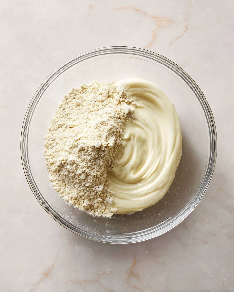 A clear glass bowl sits on a white marbled surface, holding two main layers inside. On the left half, there is a heap of light beige flour with soft white powder sprinkled on top, giving it a fine, dry texture. On the right half, a thick creamy white mixture rests smoothly, showing gentle swirls and a soft, velvety texture. The two layers are distinctly separated, creating a clear contrast between the dry, grainy flour and the rich, smooth cream. photo taken with an iphone --ar 4:5 --v 7