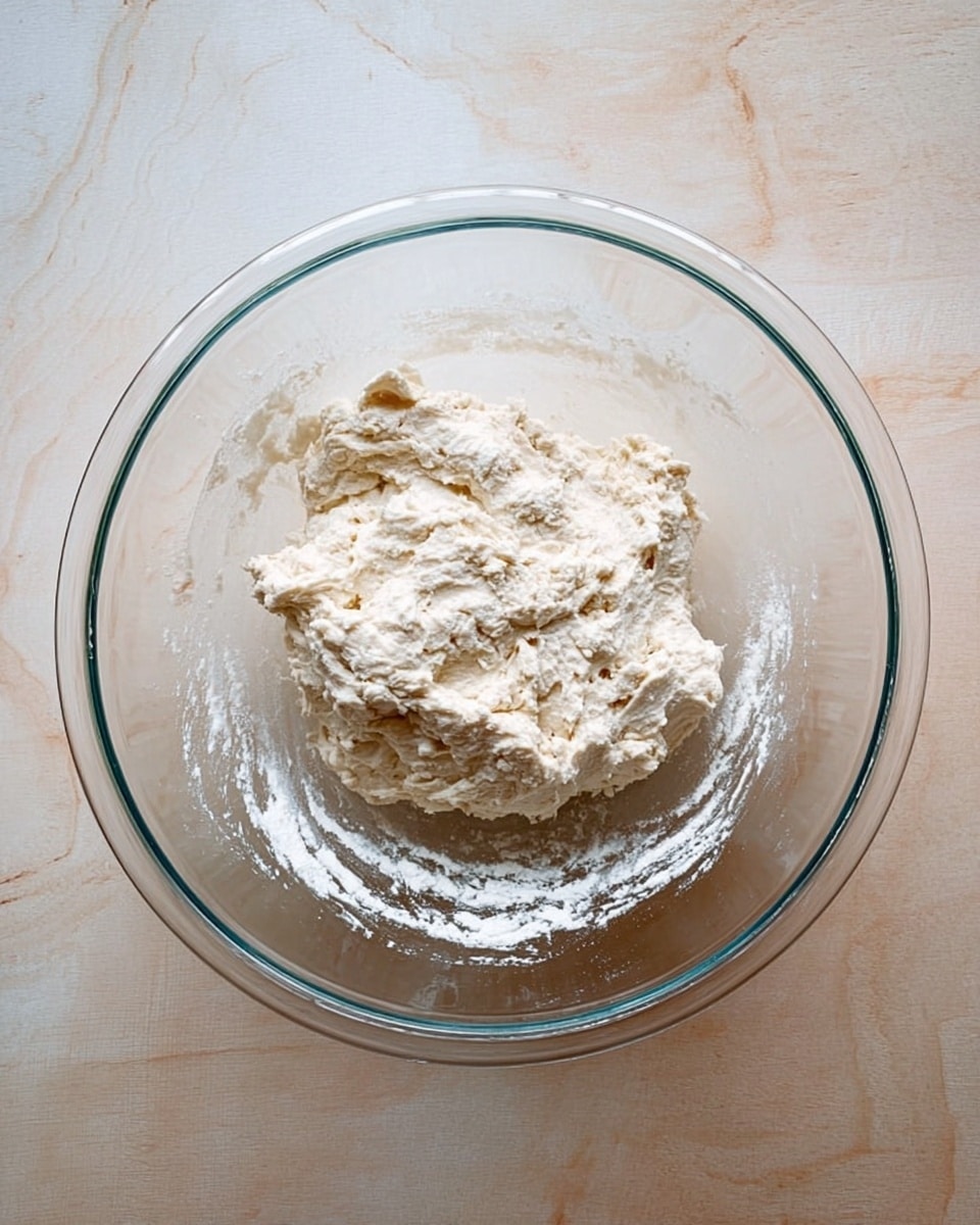 A clear glass bowl sits on a white marbled surface, holding a single layer of pale, rough dough with a slightly sticky and uneven texture. The dough is shaped into a dollop with small lumps and stretches, and some bits of dough cling to the inner sides of the bowl. The glass bowl is round and transparent, revealing the wood-like color of the table beneath the white marbled surface. Photo taken with an iphone --ar 4:5 --v 7