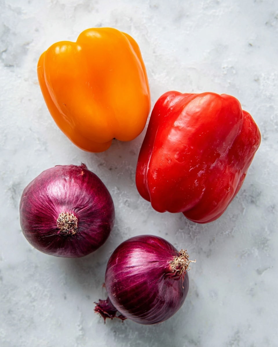 The image shows two whole bell peppers and two whole red onions placed on a white marbled surface. The bell peppers are smooth and shiny, one bright orange on the left and one bright red on the right, sitting close to each other near the top of the image. The two red onions are smaller and placed near the bottom of the image, showing a deep purplish-red color with smooth, glossy skins and some natural texture; one onion is slightly rounder, and the other is a bit elongated. photo taken with an iphone --ar 4:5 --v 7