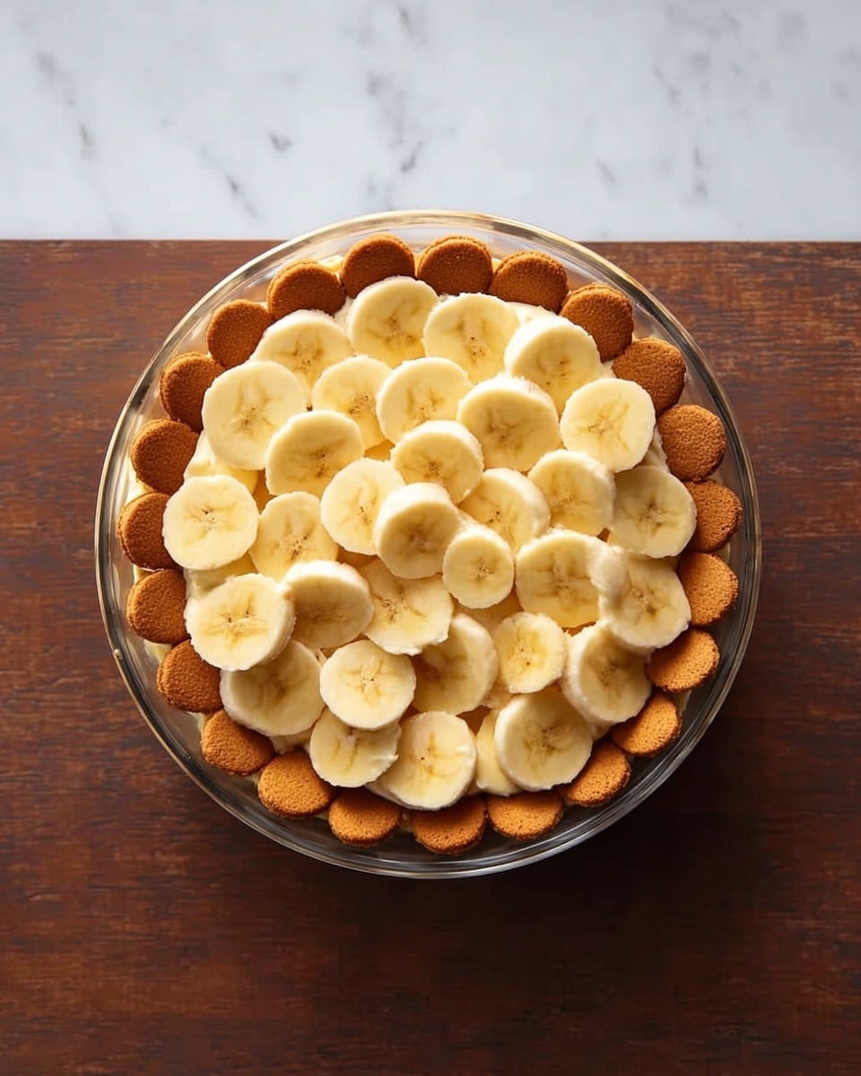 A clear glass bowl holds a round, layered dessert placed on a white marbled surface. The bottom layer is covered completely with small, orange-brown cookies arranged vertically around the bowl's edge. Inside this cookie border, there is a thick layer of evenly spread cream or custard, topped with closely packed slices of banana that cover the whole center of the dessert. The bananas are light yellow with soft texture, creating a bright contrast to the darker cookies around them. photo taken with an iphone --ar 4:5 --v 7
