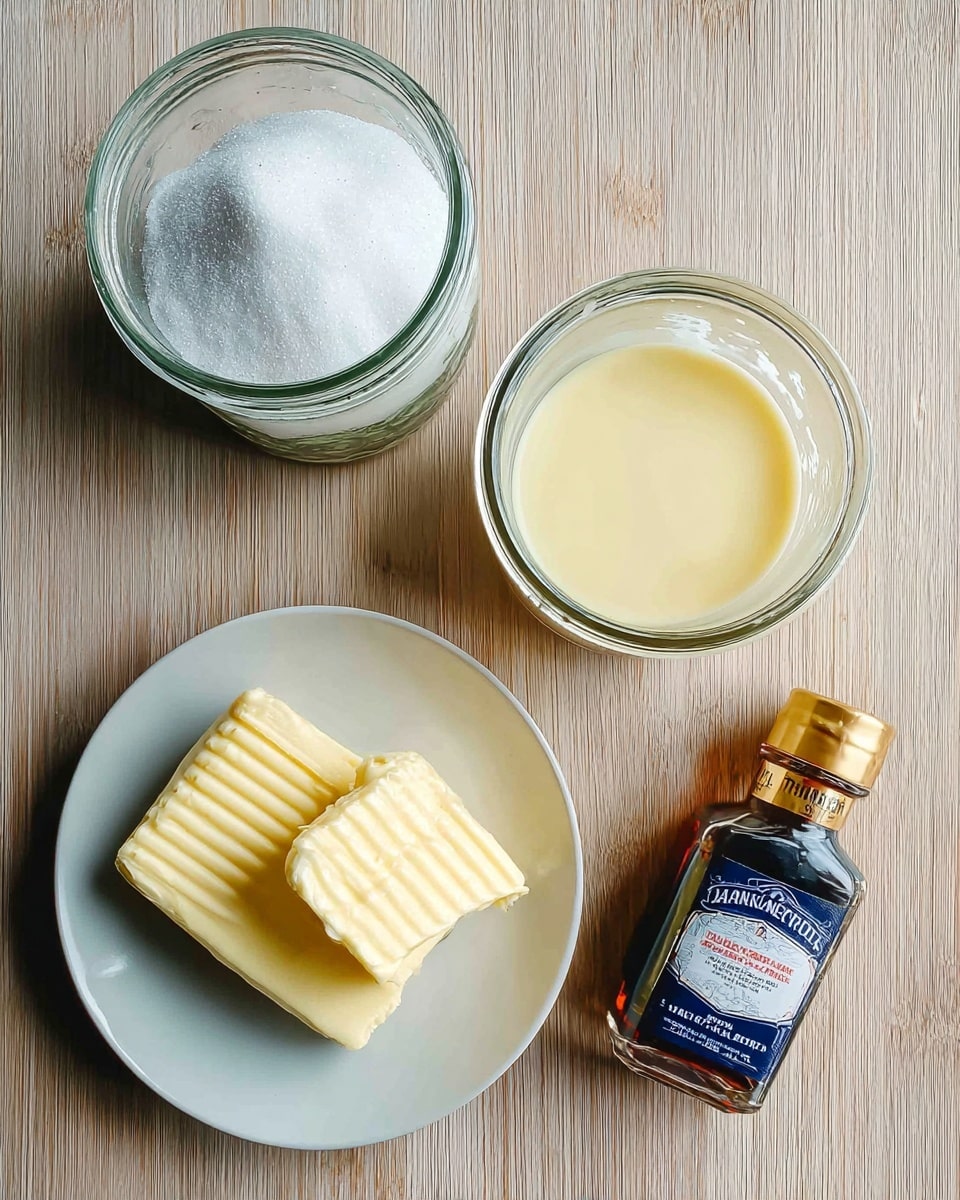 This image shows four baking ingredients arranged on a light wooden surface. At the top left is a glass jar filled with white granulated sugar with a slightly uneven surface. To the right of it is another glass jar filled with a smooth, pale yellow liquid, likely condensed milk. Below these jars, on the bottom left, is a small white plate holding two thick slices of pale yellow butter with ridged edges. On the bottom right, next to the butter plate, is a small bottle of Madagascar vanilla extract with a gold cap and a dark blue label with white text. photo taken with an iphone --ar 4:5 --v 7