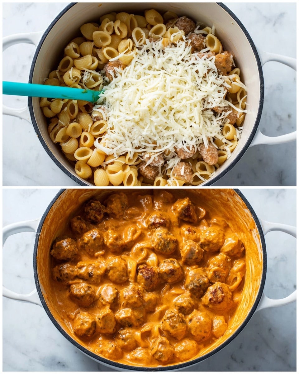 Two images show a white pot with pasta and meatballs in a creamy orange sauce on a white marbled surface. In the first image, the pot holds a mix of small round pasta shells, meatballs, and sauce, topped with a pile of shredded white cheese, with a turquoise spoon resting inside the pot. In the second image, the shredded cheese is melted and mixed in, coating the pasta and meatballs evenly with thick, smooth sauce, creating a rich, creamy texture. photo taken with an iphone --ar 4:5 --v 7